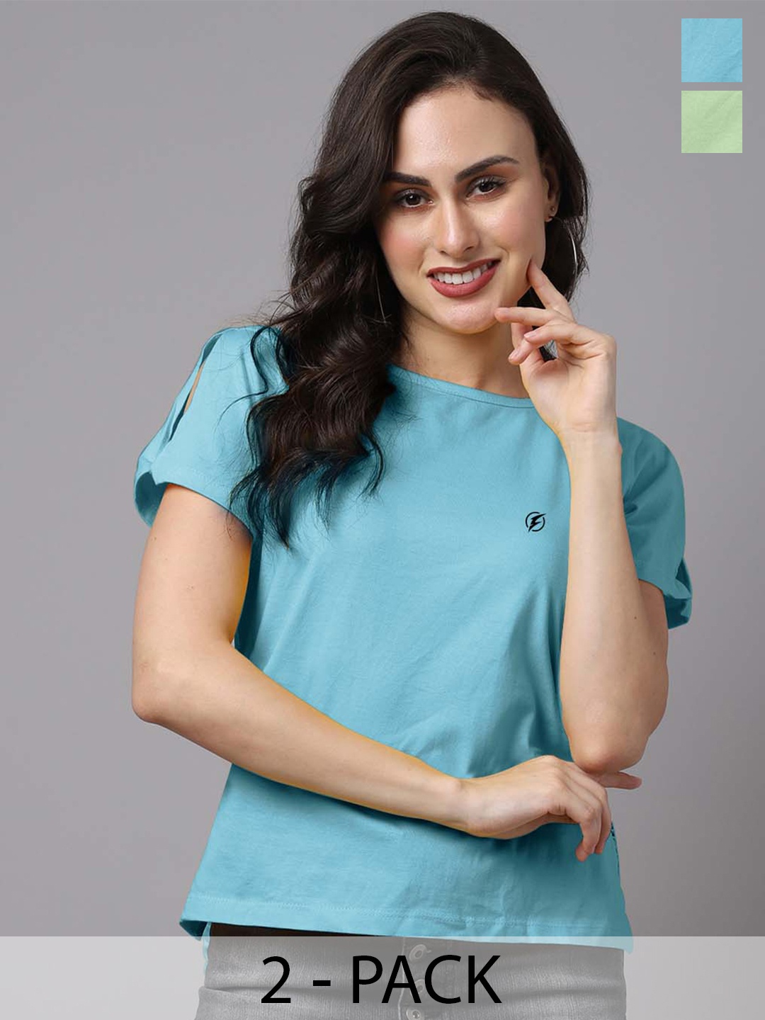 

Friskers Pack Of 2 Cotton Round Neck Short Sleeves Pure Cotton Tops, Turquoise blue