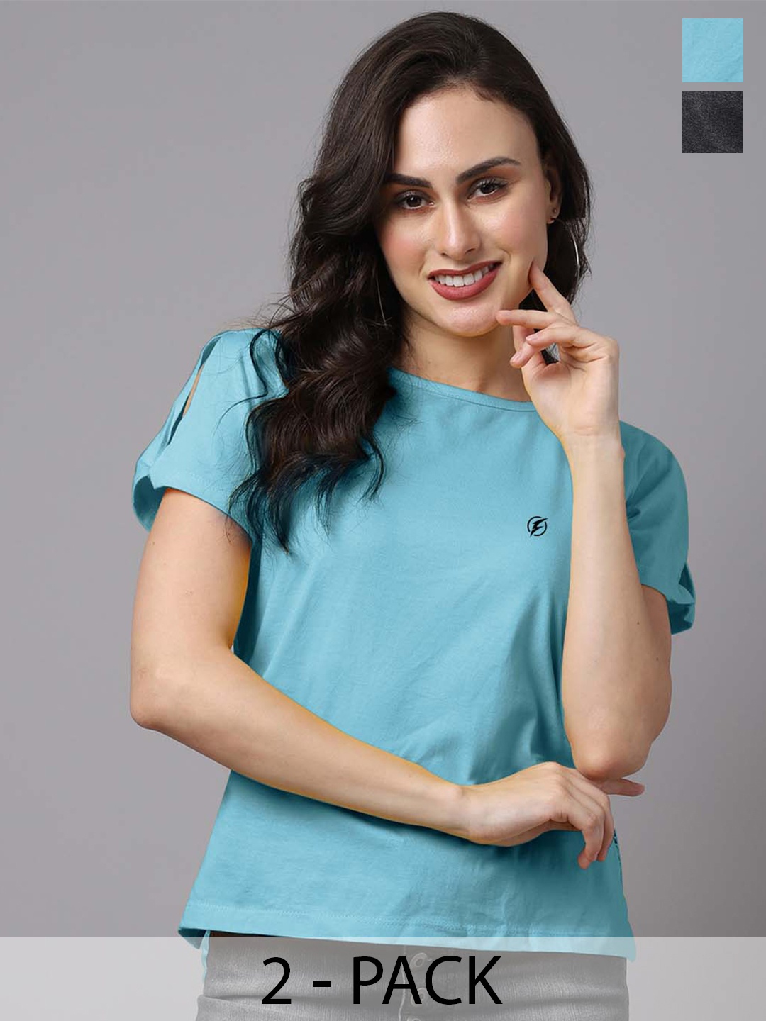 

Friskers Pack Of 2 Round Neck Slit Sleeves Cotton Tops, Turquoise blue