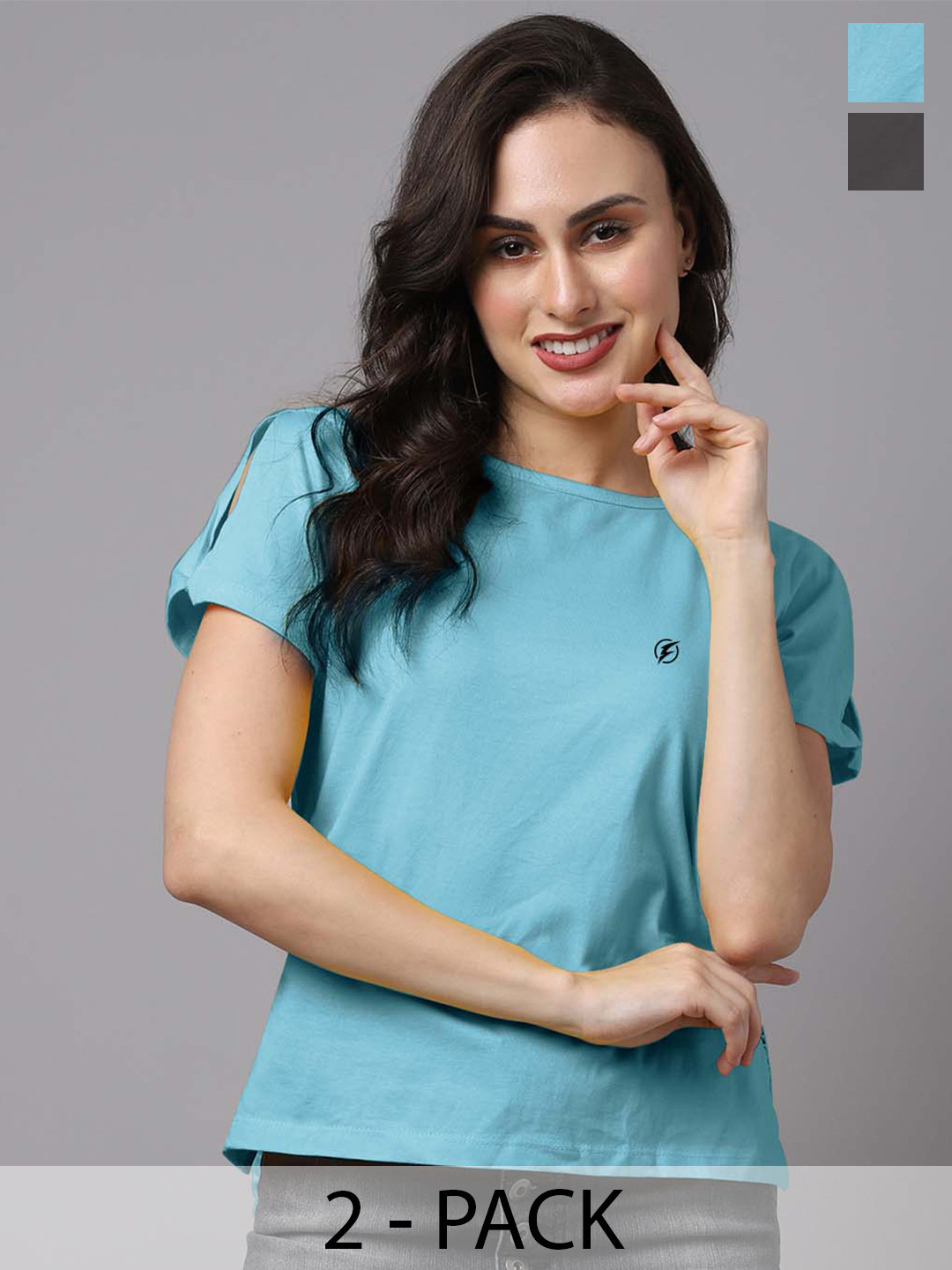 

Friskers Pack Of 2 Cold-Shoulder Cotton Tops, Turquoise blue