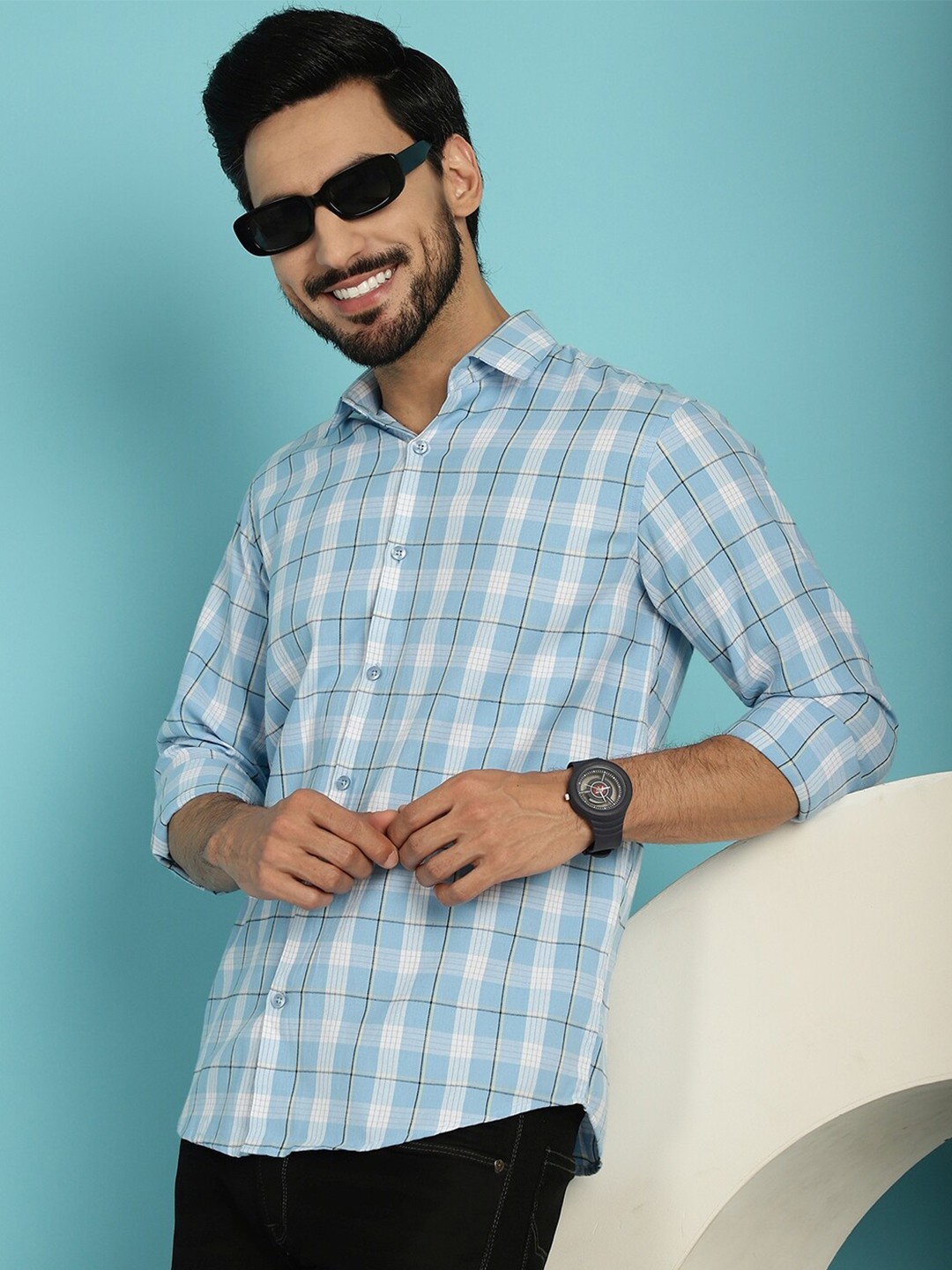 

Indian Needle Classic Tartan Checks Cotton Casual Shirt, Blue
