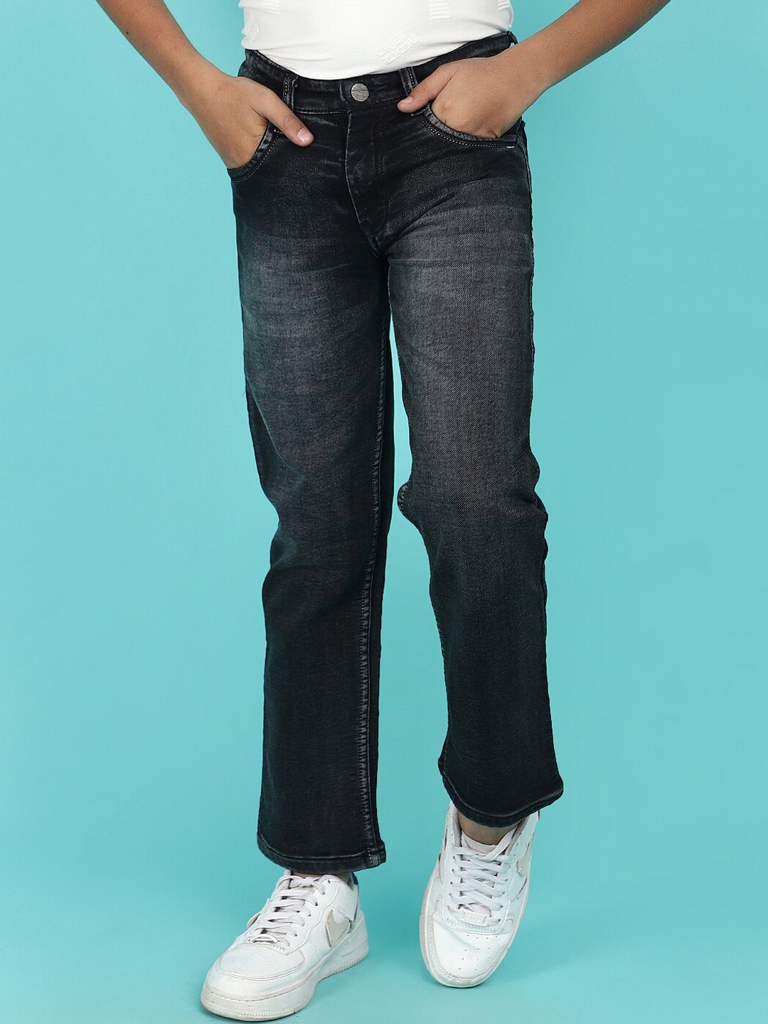 

V-Mart Boys Mid Rise Heavy Fade Cotton Jeans, Grey