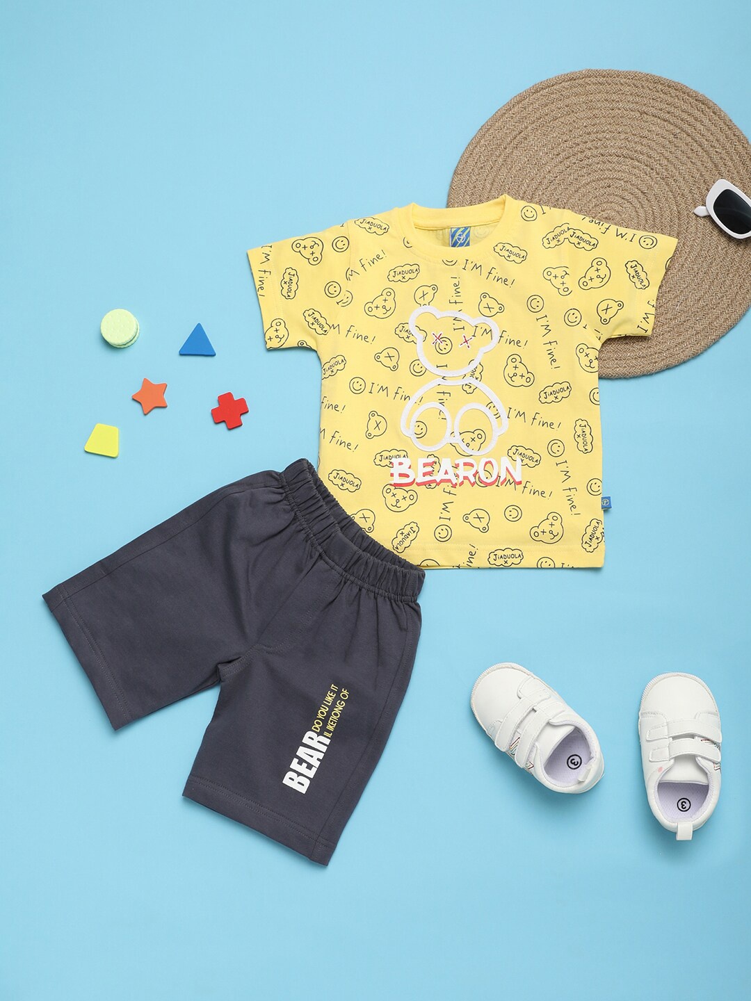 

V-Mart Boys Printed Pure Cotton T-shirt with Shorts, Yellow
