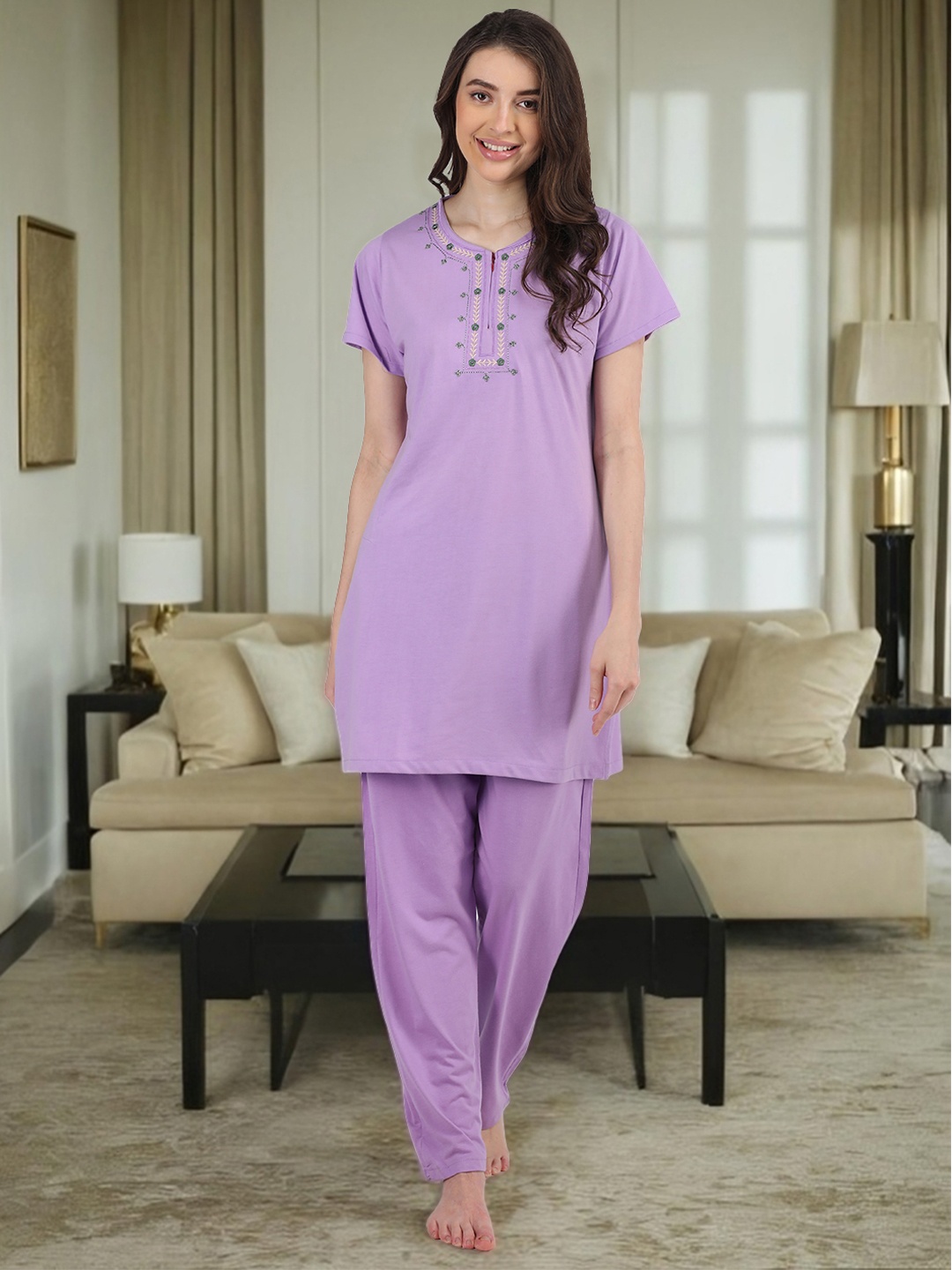 

Duchess Embroidered Cotton Night suit, Lavender