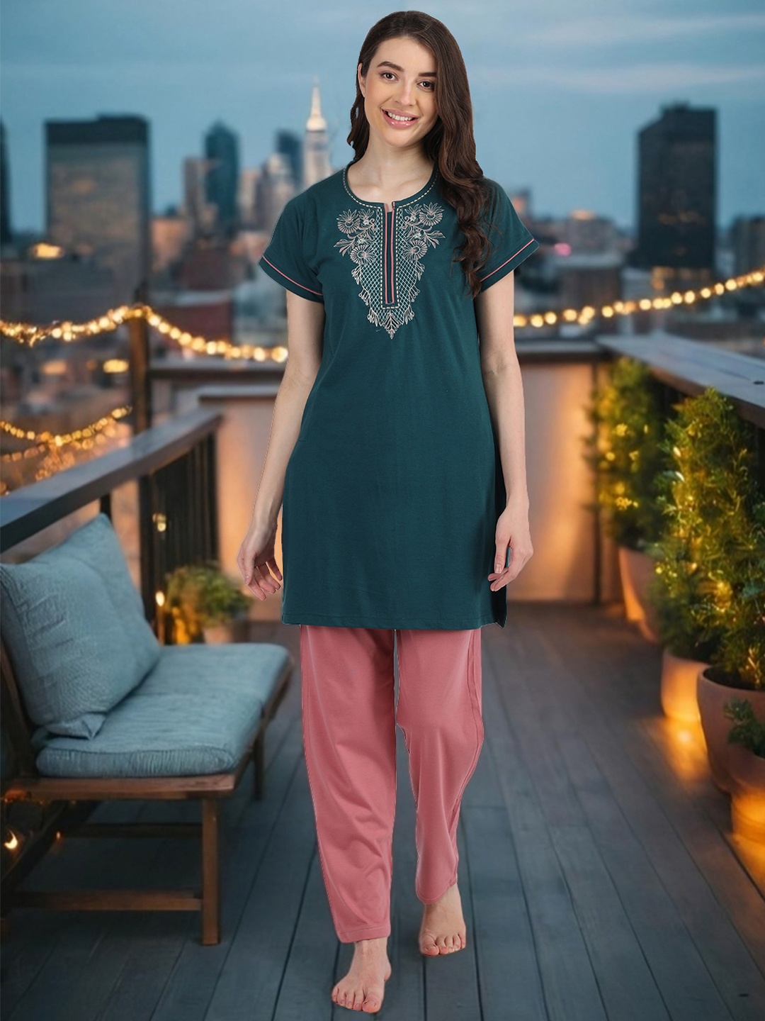 

Duchess Ethnic Motifs Embroidered Cotton Night Suit, Olive