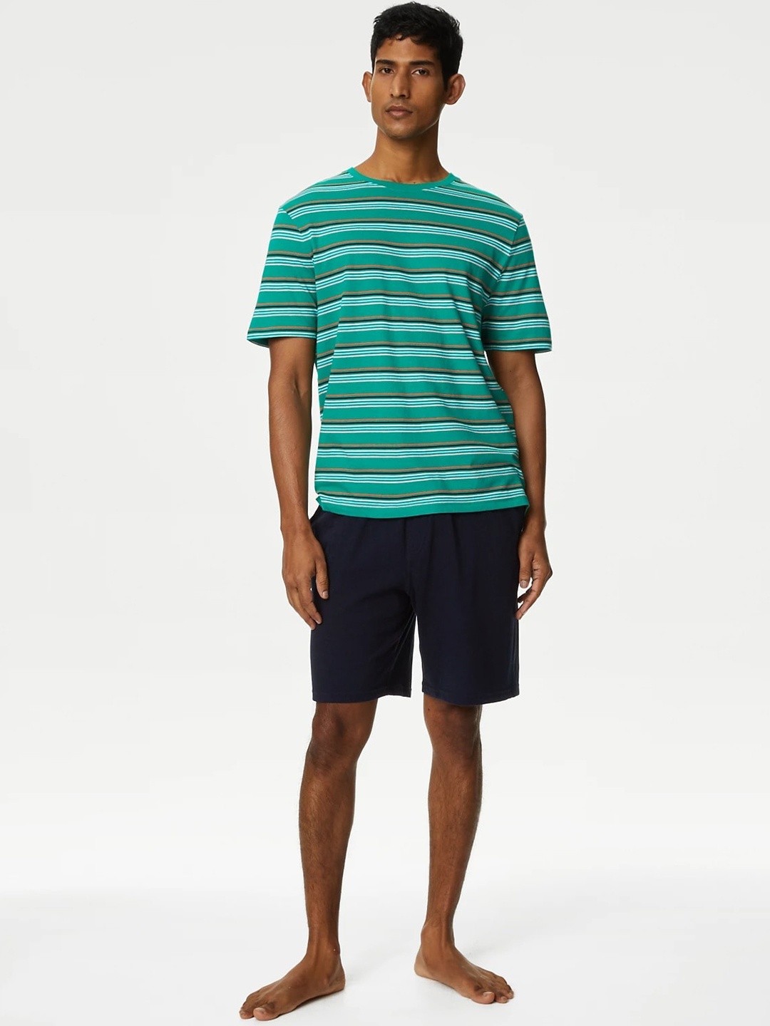 

Marks & Spencer Striped Pure Cotton Night Suit, Green