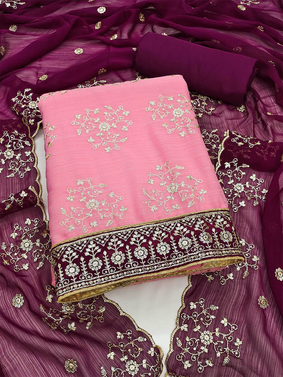 KALINI Ethnic Motifs Embroidered Sequinned Unstitched Dress Material, Pink