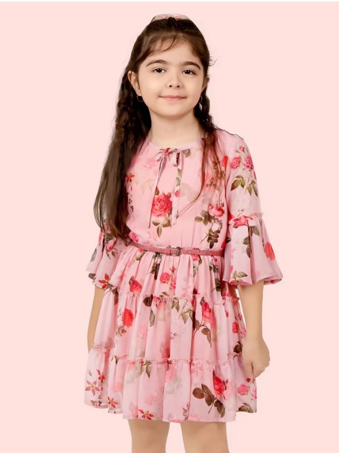 

BAESD Girls Floral Print Georgette Fit & Flare Casual Dress Comes With A Belt, Pink