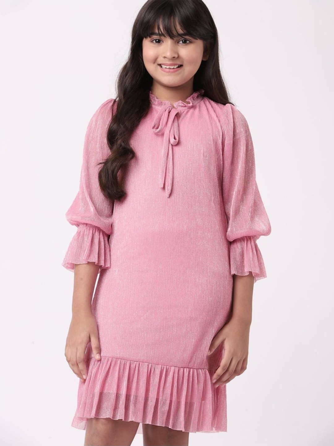 

BAESD Girls Tie-up Neck Bell Sleeves Sheath Dress, Pink