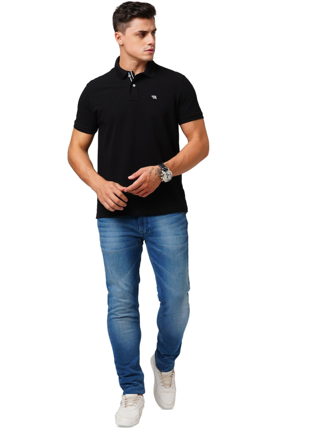 

Blue Buddha Polo Collar Pure Cotton Short Sleeves Applique T-shirt, Black