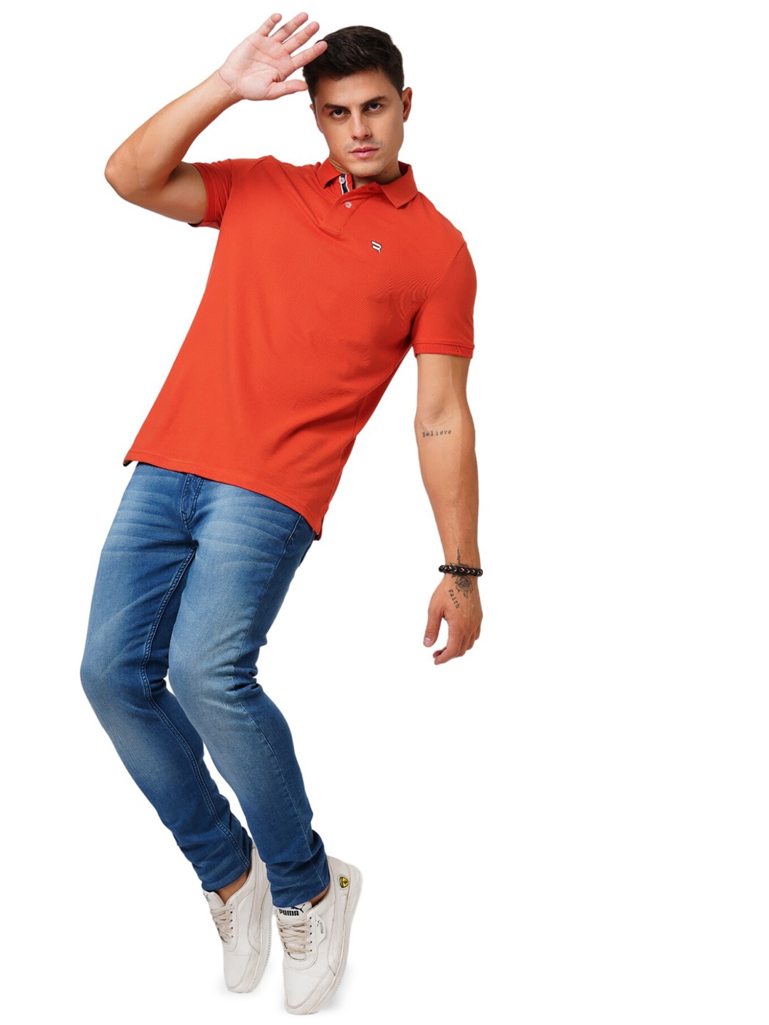 

Blue Buddha Polo Collar Pure Cotton Knitted Applique T-shirt, Rust