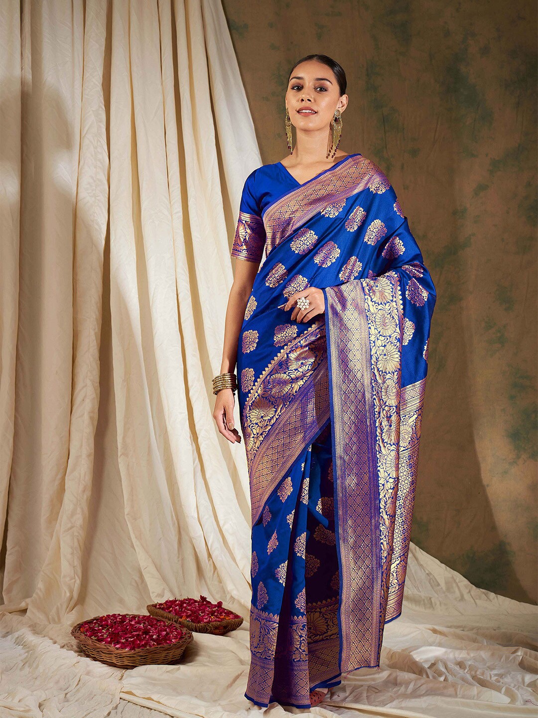 

Ishin Blue Ethnic Motifs Woven Design Zari Banarasi Saree