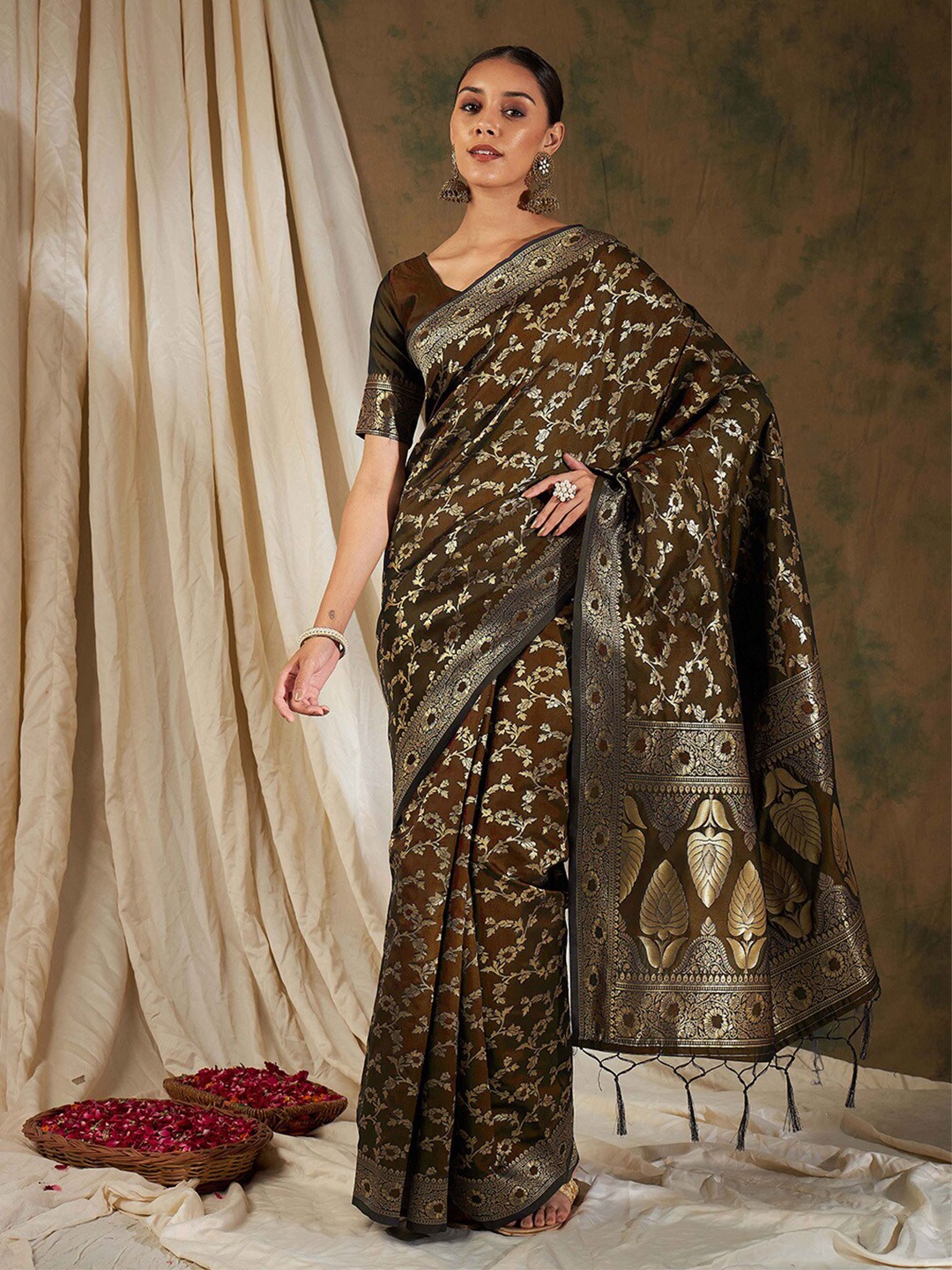 

Ishin Ethnic Motifs Zari Banarasi Saree, Coffee brown