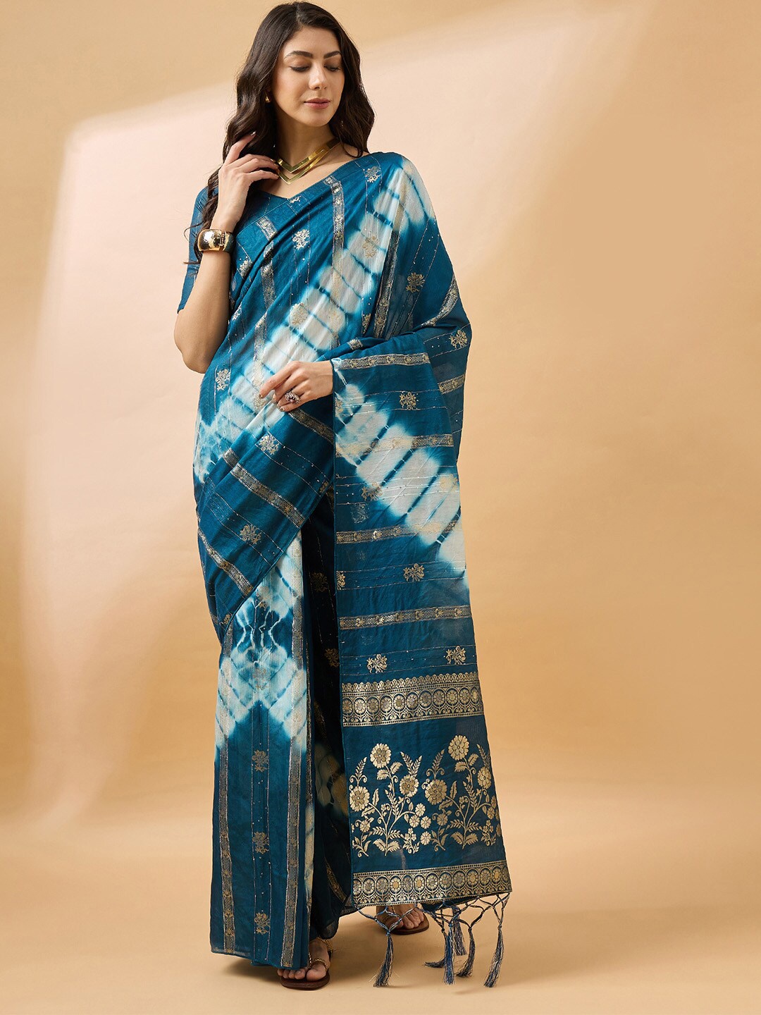 

Ishin Teal Blue Striped Woven Design Zari Saree