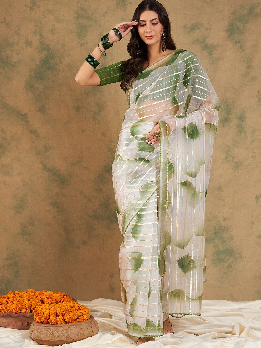 

Ishin Striped Organza Saree, Green