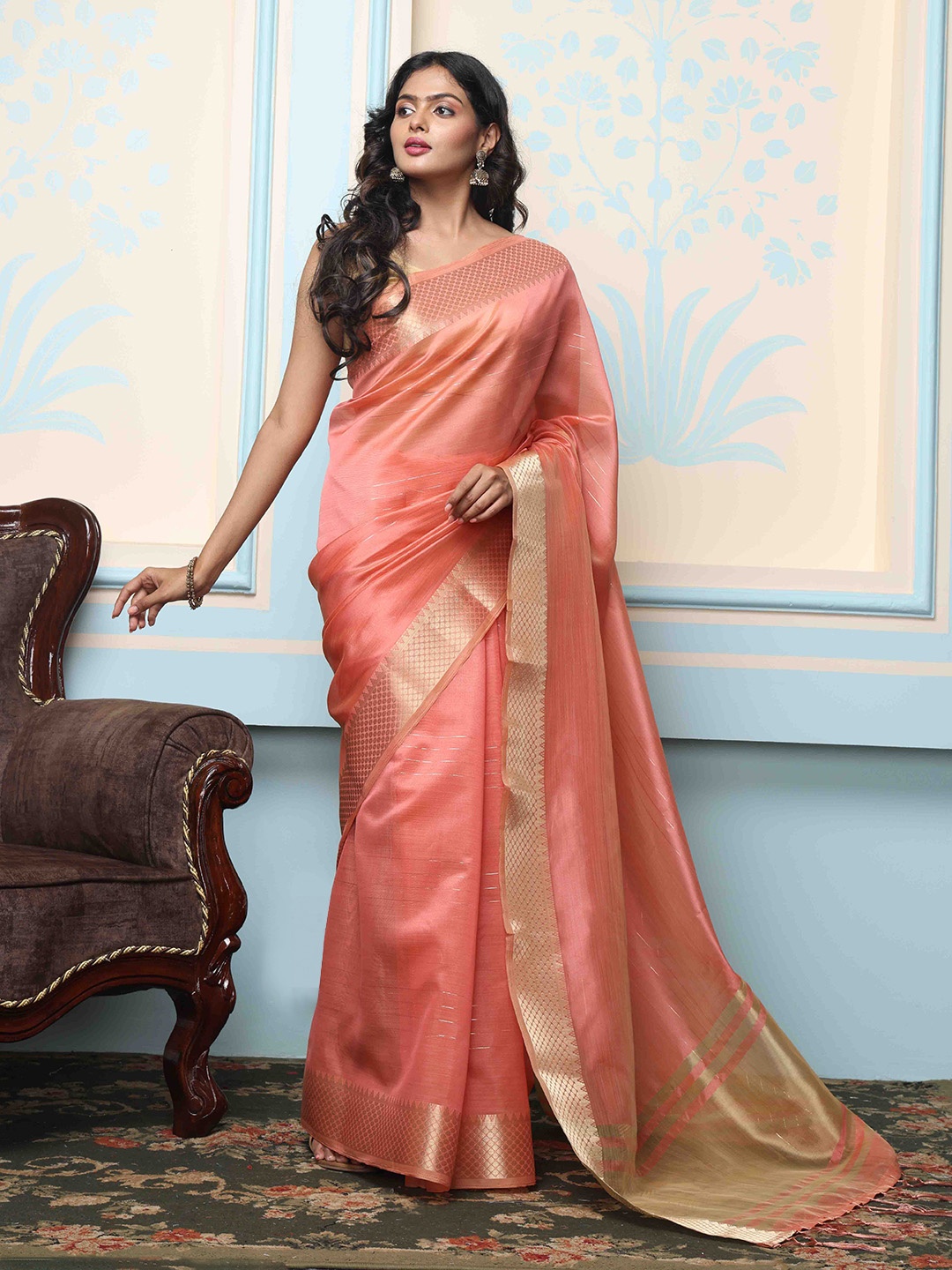 

Ishin Striped Zari Organza Saree, Orange