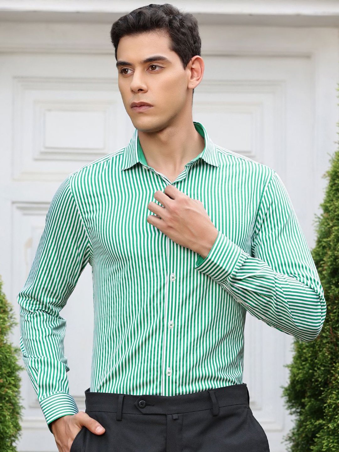 

Thomas Scott Striped Spread Collar Cotton Formal Shirt, Green