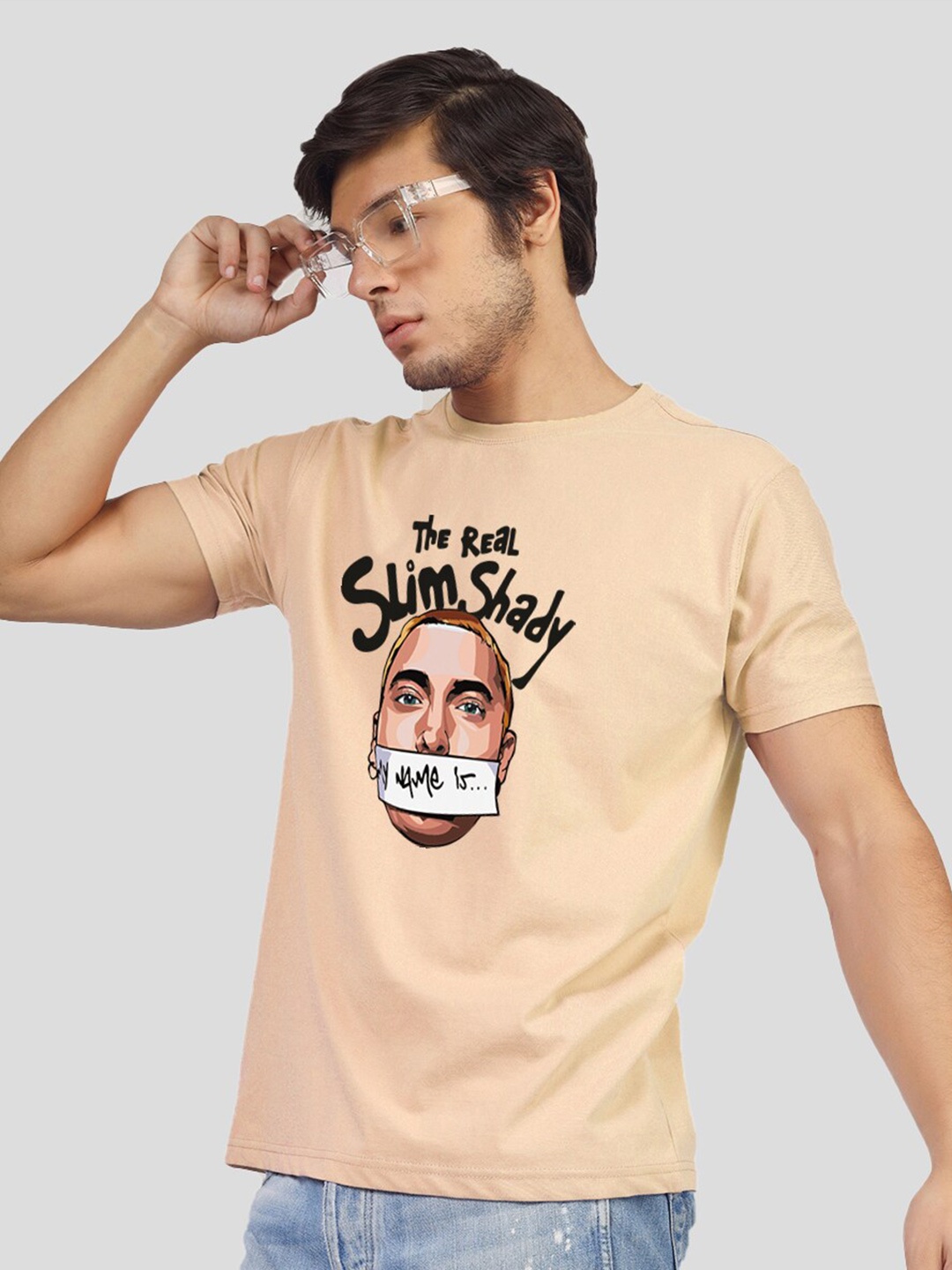 

Greylongg Typography Printed Round Neck Short sleeves T-shirt, Beige