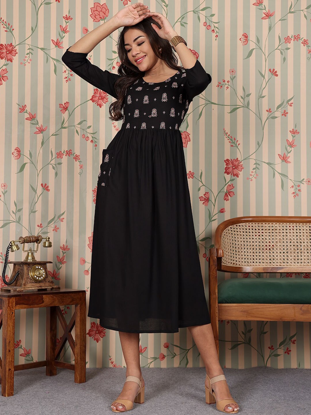 

Ode by House of Pataudi Ethnic Motifs Embroidered Fit and Flare Midi Ethnic Dresses, Black