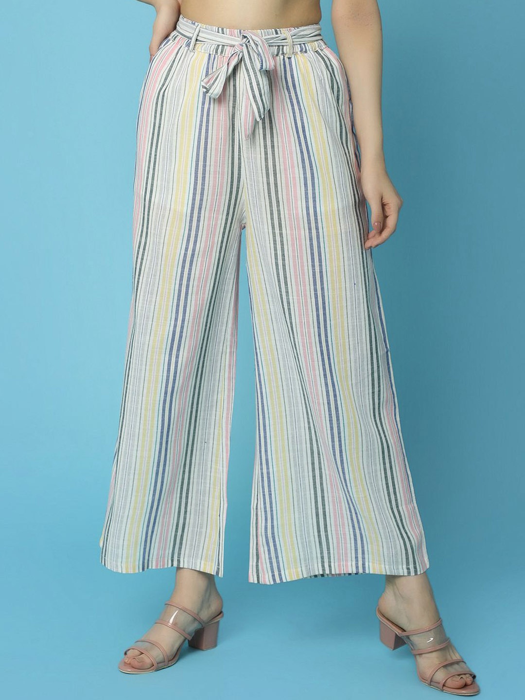 

V-Mart Women Striped Mid Rise Trousers, Off white