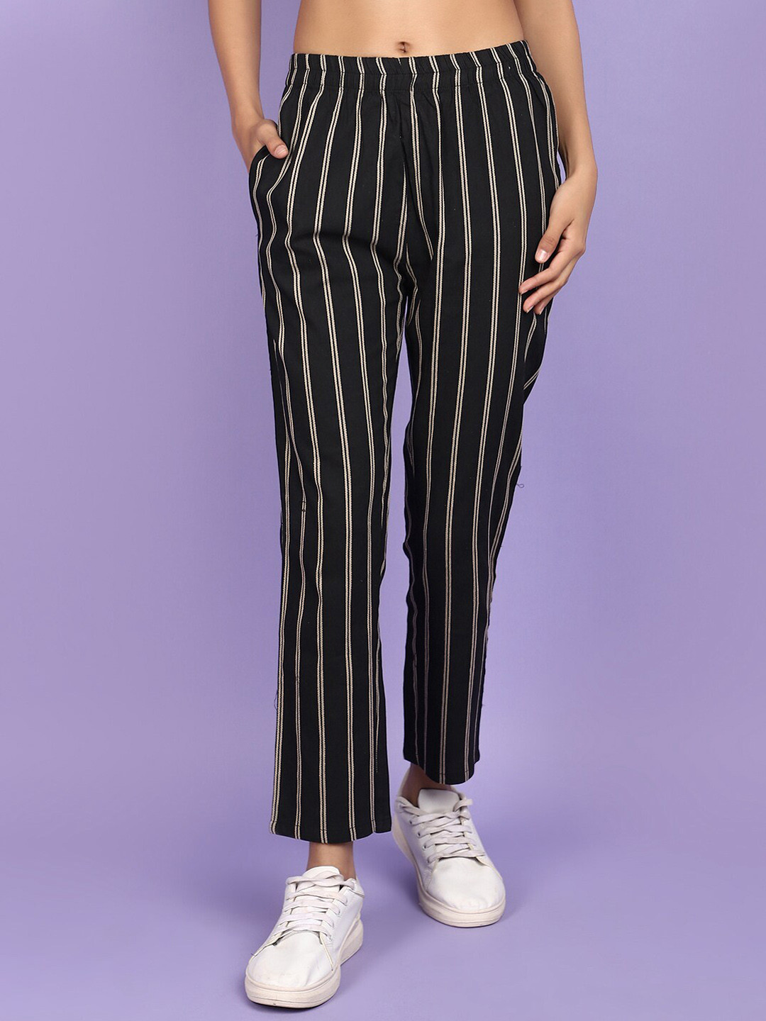 

V-Mart Women Striped Mid Rise Cotton Trousers, Black