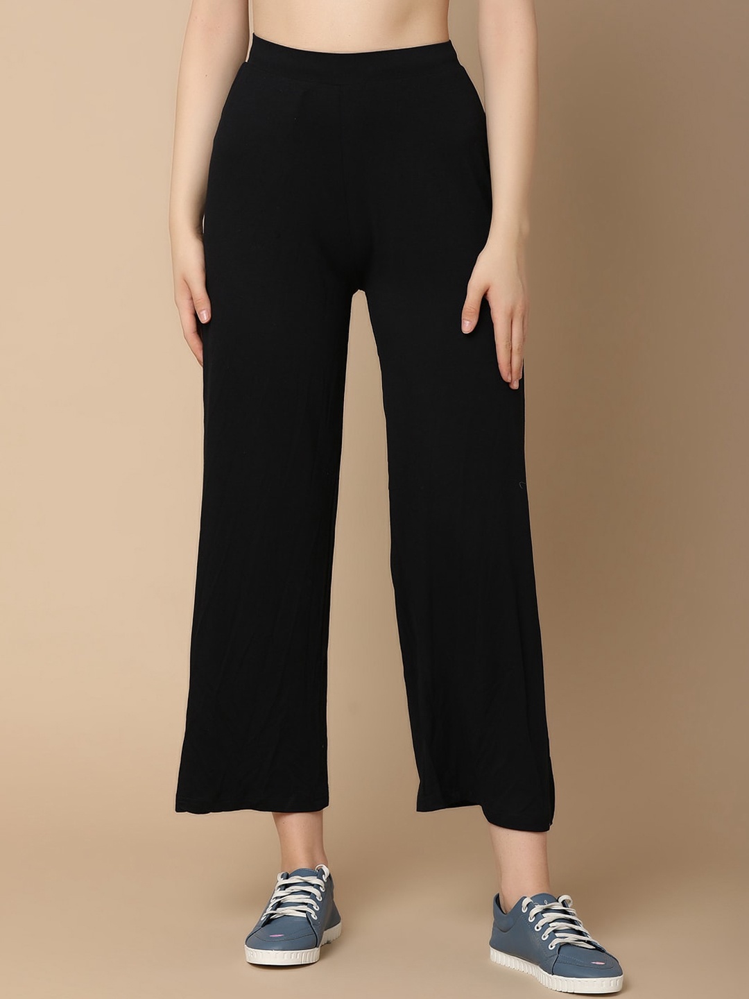 

V-Mart Women Mid Rise Regular Fit Cotton Parallel Trousers, Black