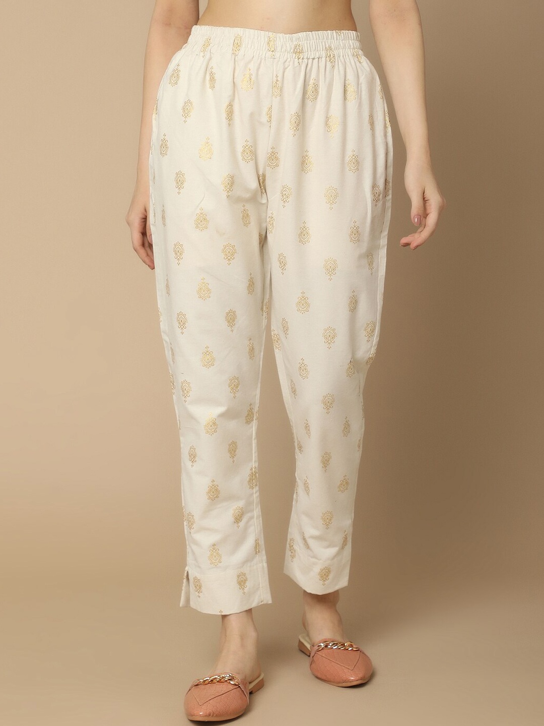 

V-Mart Women Printed Mid Rise Regular Fit Cotton Regular Fit Trouser, Off white