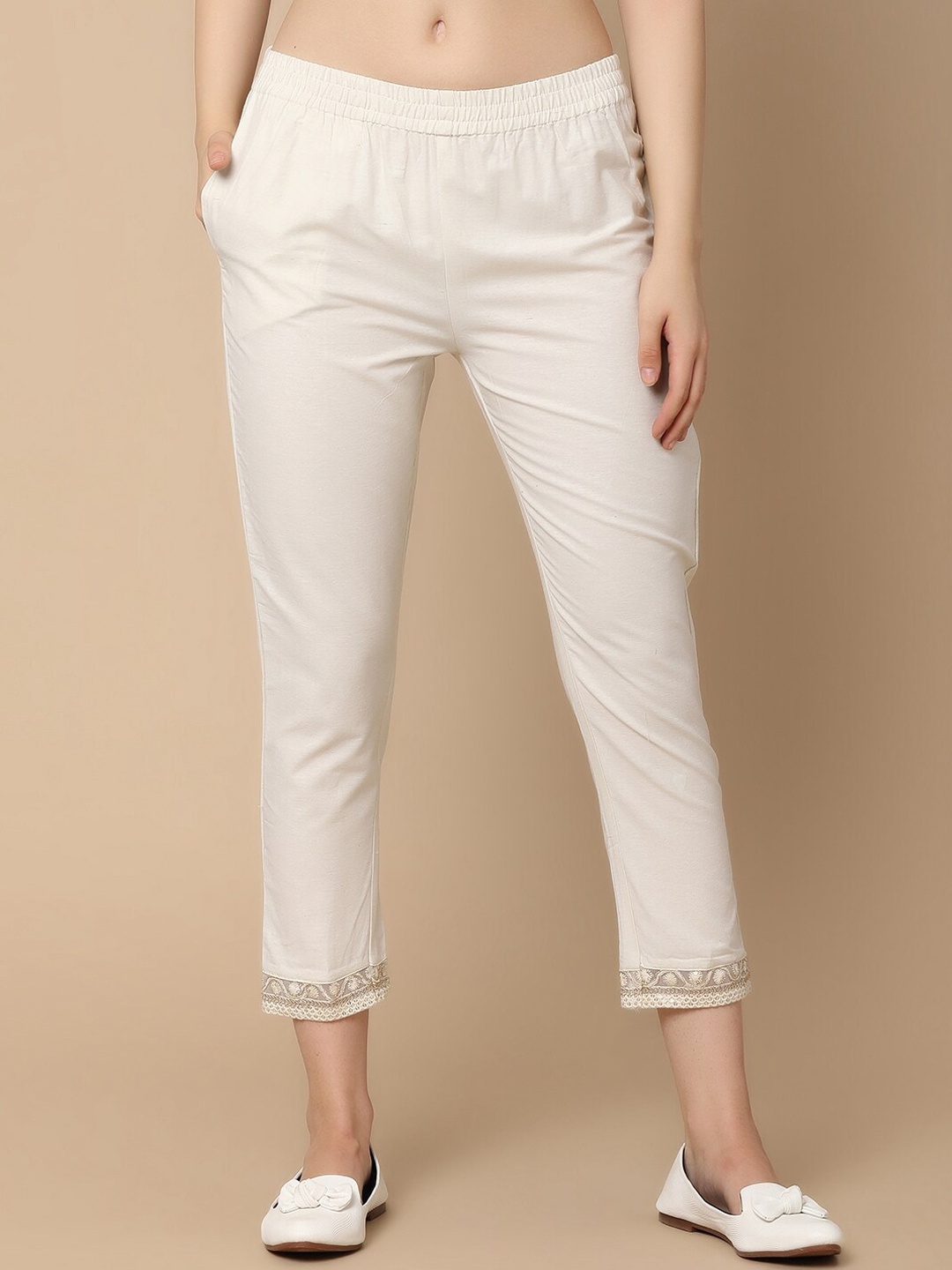 

V-Mart Women Mid Rise Regular Fit Cotton Peg Trouser, Off white