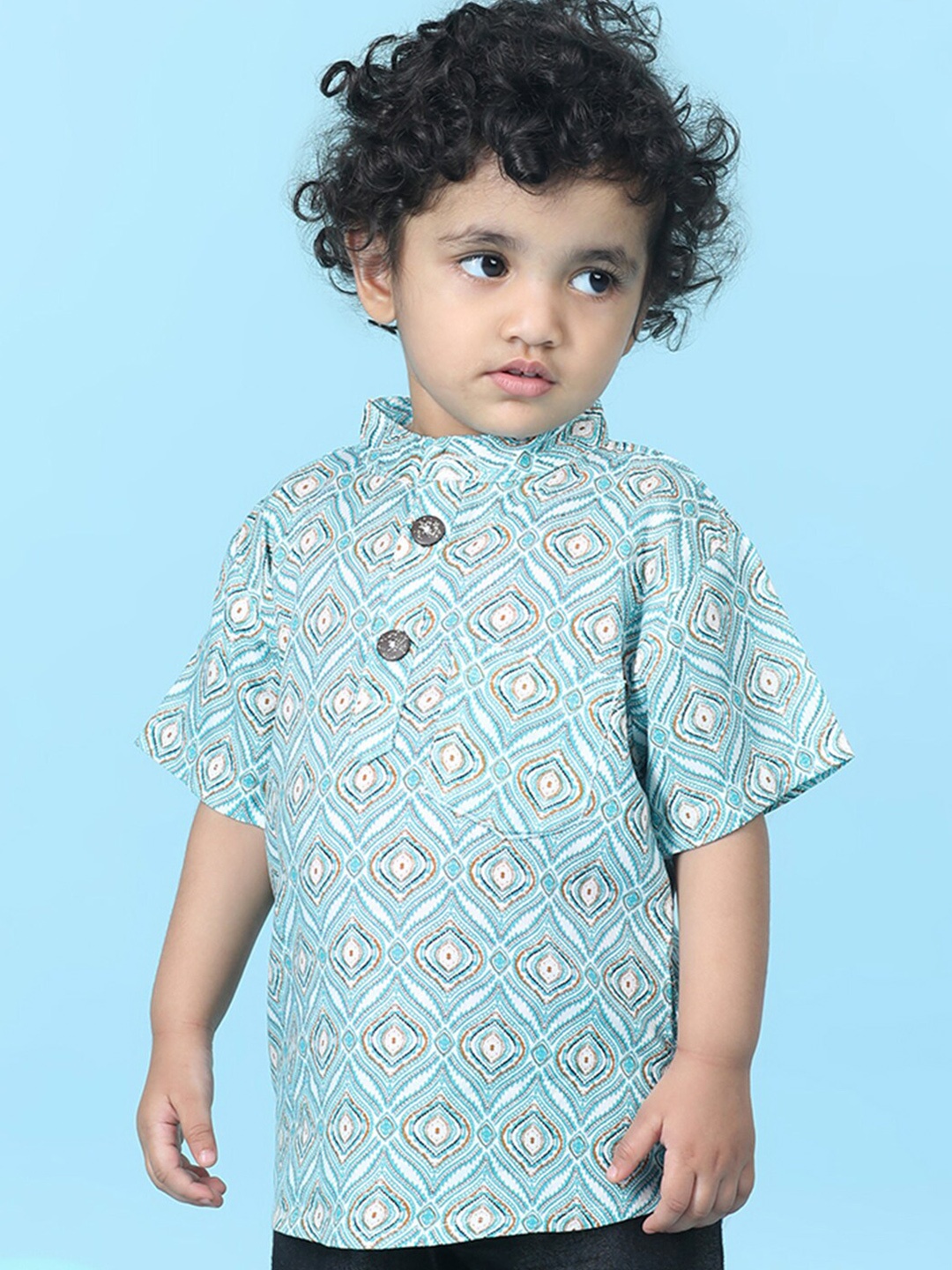 

Cutiekins Boys Geometric Printed Mandarin Collar Short Sleeves T-shirt, Turquoise blue