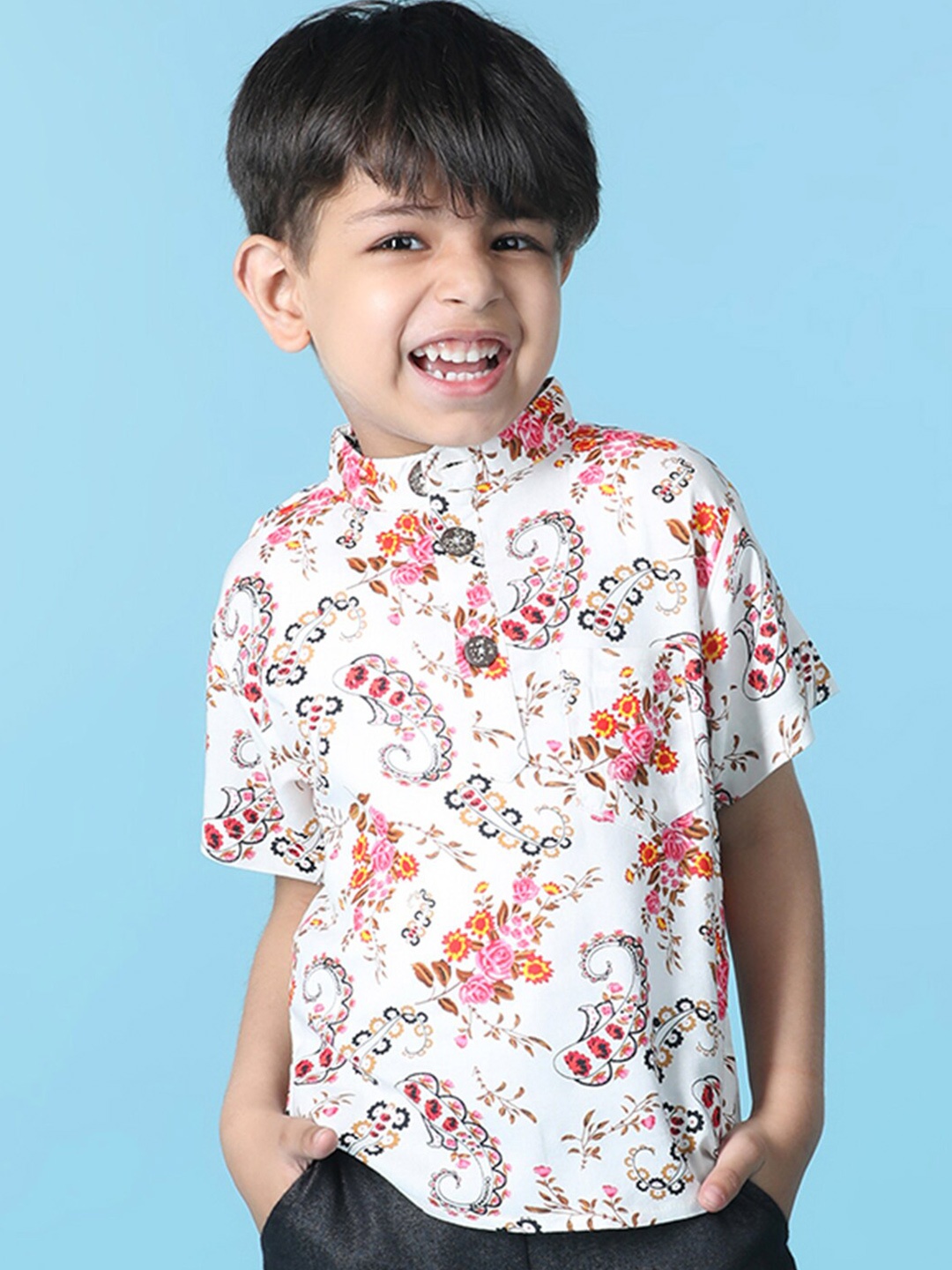 

Cutiekins Boys Floral Printed Mandarin Collar T-shirt, White