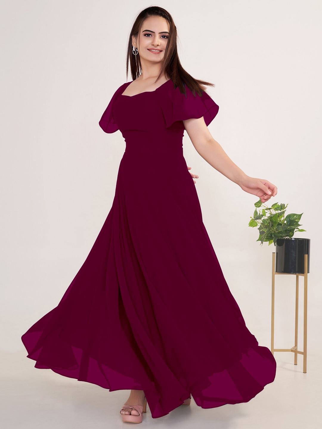 

Femvy Square Neck Off-Shoulder Bell Sleeve Georgette Fit & Flare Maxi Dress, Magenta