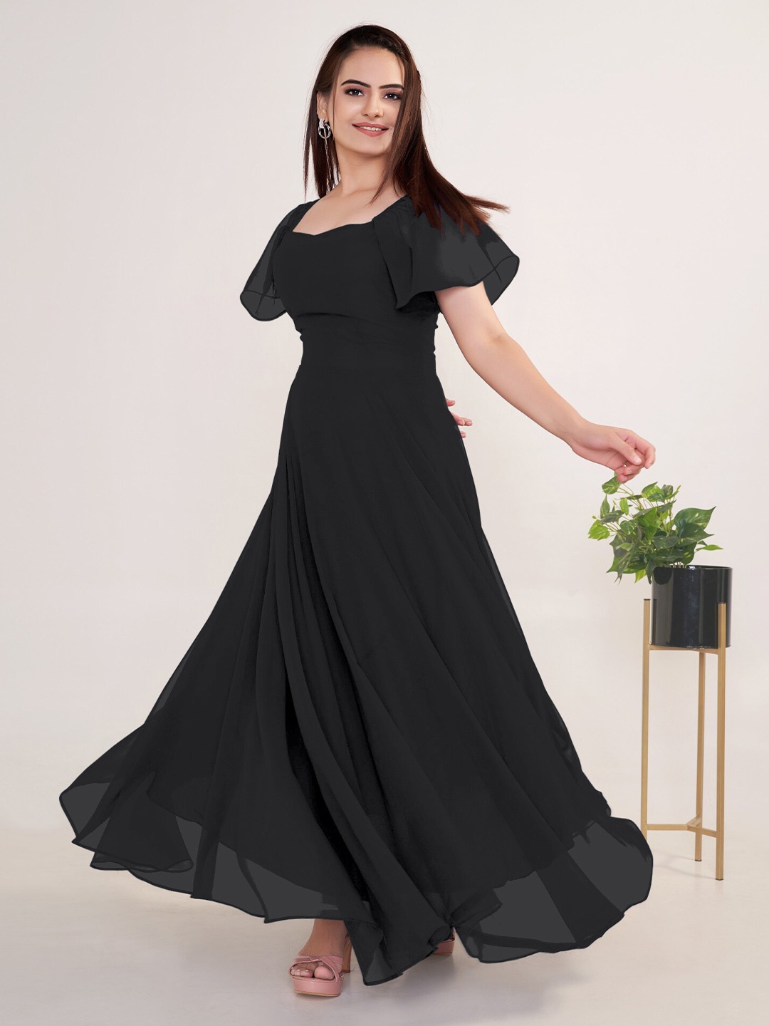 

Femvy Off-Shoulder Flutter Sleeve Georgette Maxi Dress, Black
