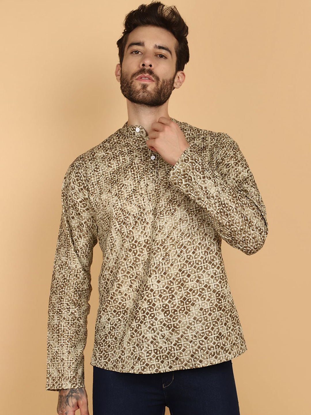 

V-Mart Printed Long Sleeves Mandarin Collar Cotton Kurta, Brown