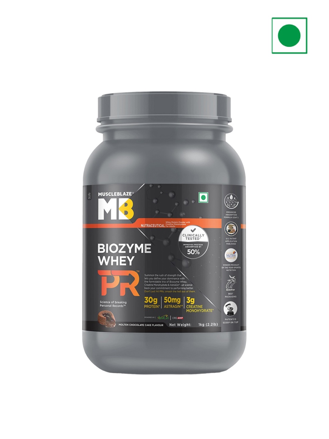 

MuscleBlaze Biozyme Molten Chocolate Cake Flavor Whey Protein- 1Kg, Black
