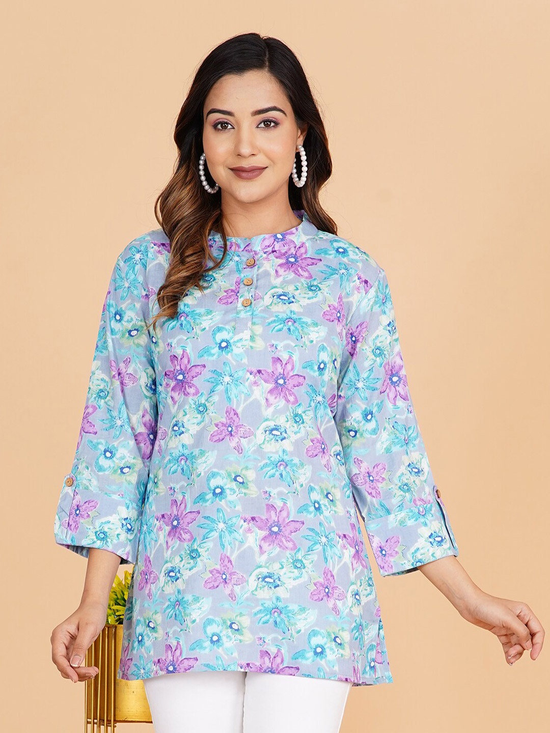 

BLOCKS OF INDIA Floral Printed Mandarin Collar Three-Quarter Sleeves Pure Cotton Kurti, Blue