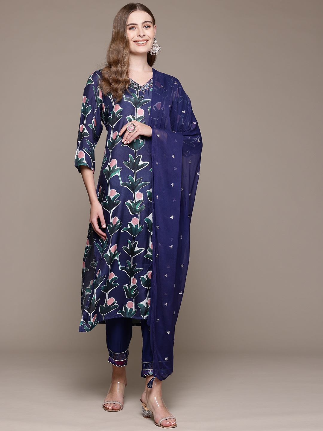 

Readiprint Women Floral Printed Regular Thread Work Pure Silk Kurta with Trousers & With Dupatta, Navy blue