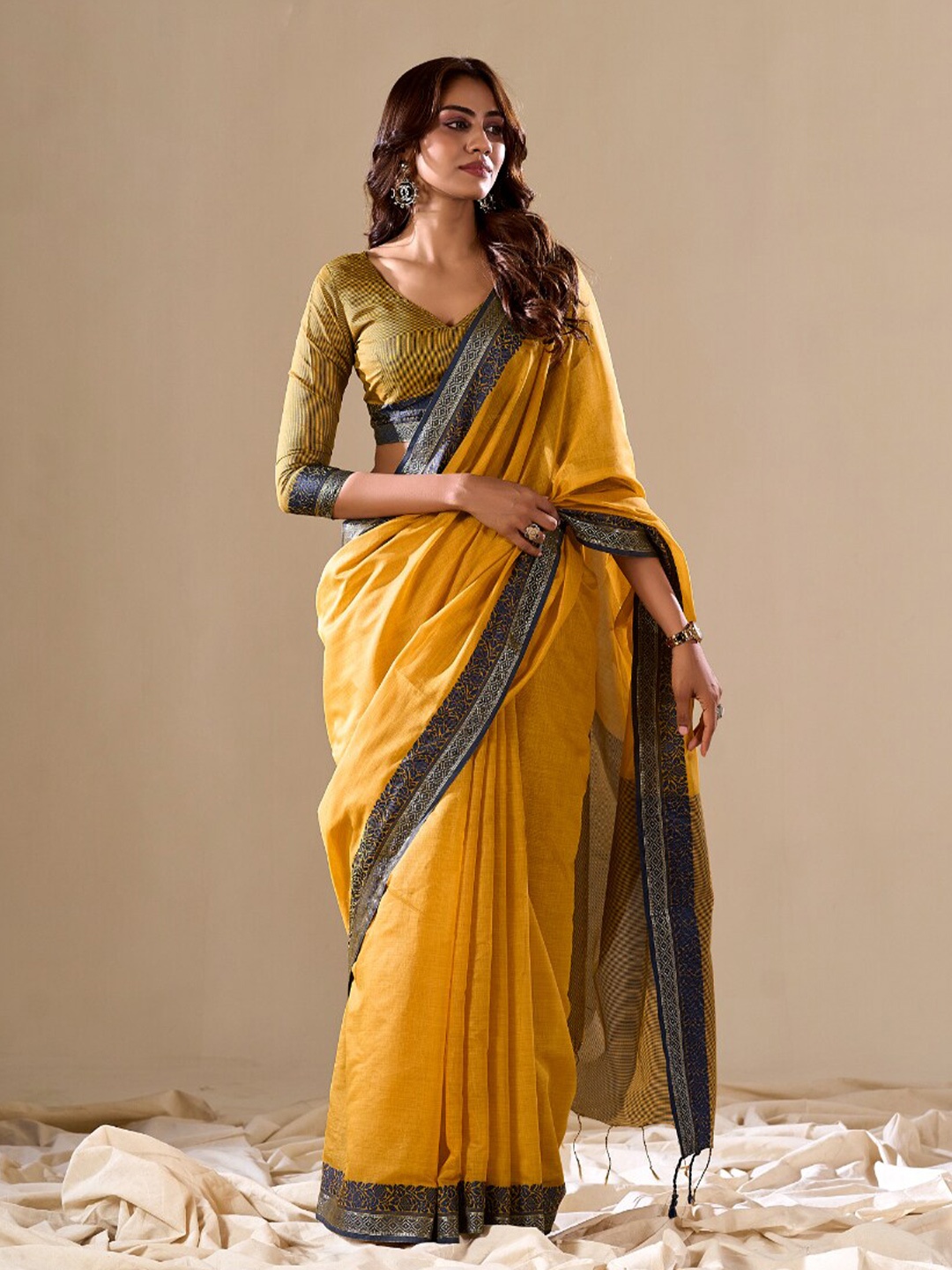 

NK Textiles Linen Blend Saree, Yellow