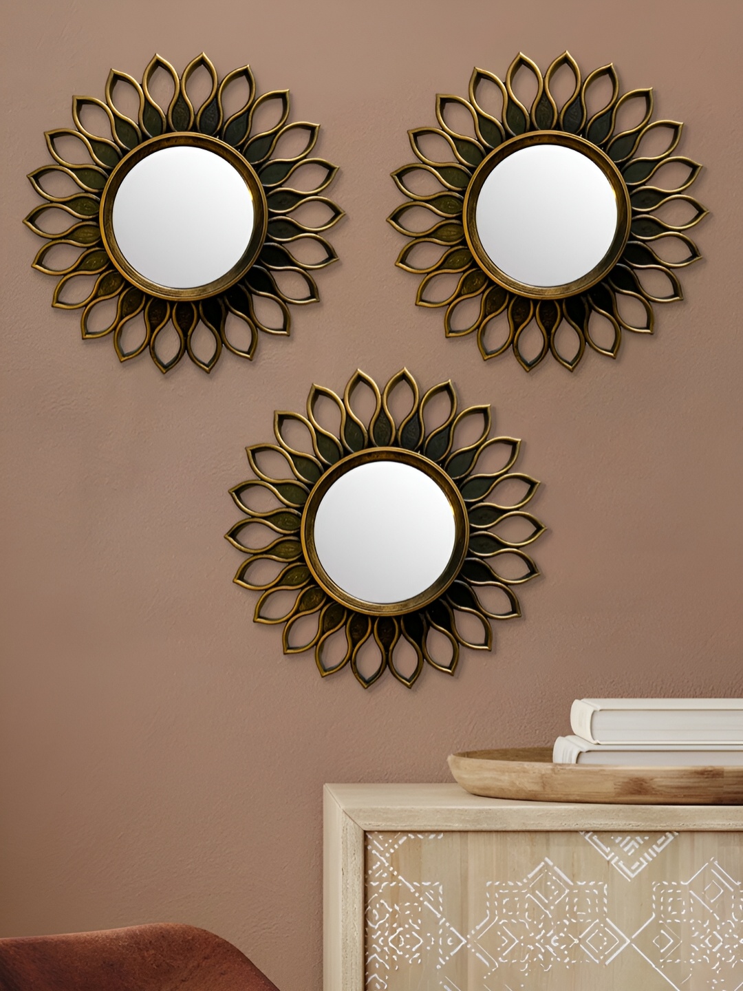 

Art Street White & Beige 3-Pcs Patterned Sunflower Shaped Wall Mirrors