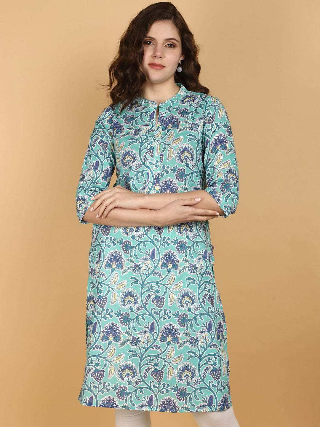 

V-Mart Three-Quarter Sleeves Mandarin Collar Paisley Printed Kurta, Green