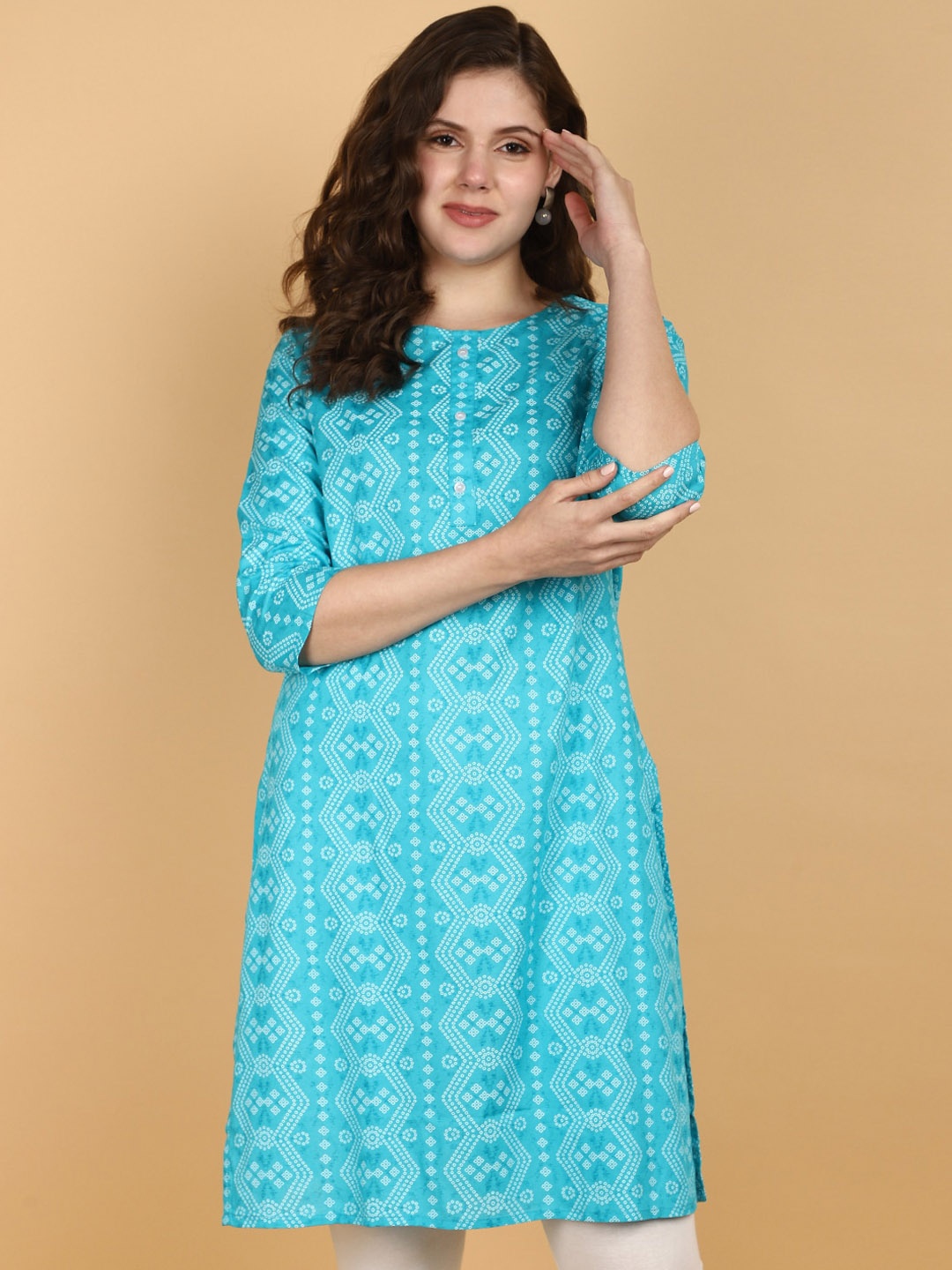 

V-Mart Ethnic Motifs Printed Round Neck Straight Kurta, Blue