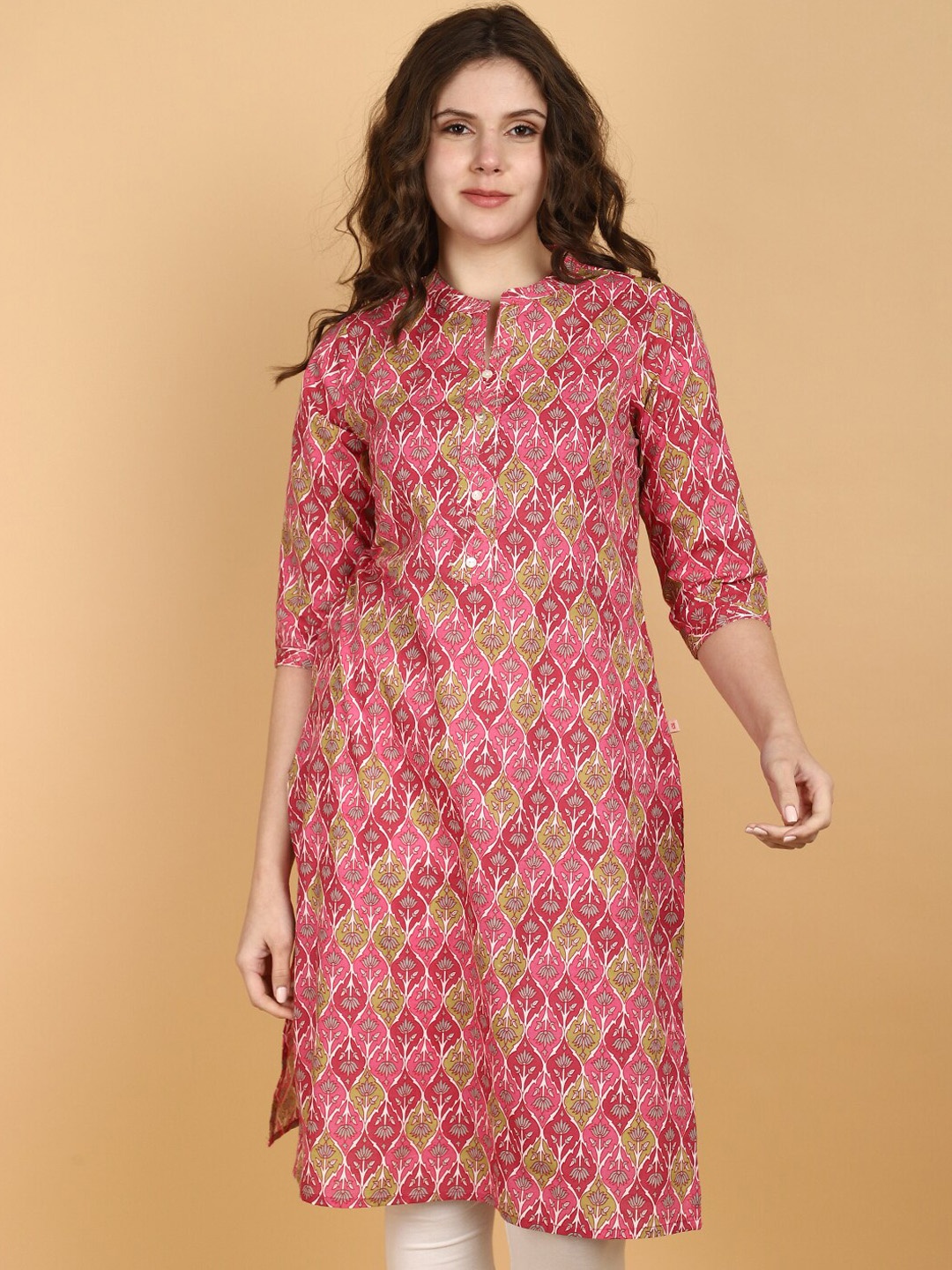 

V-Mart Floral Printed Mandarin Collar Cotton Straight Kurta, Pink