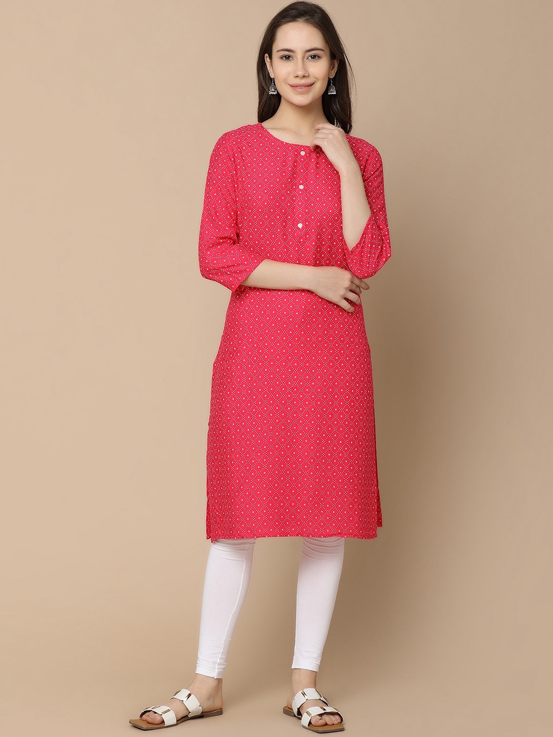 

V-Mart Geometric Printed Round Neck Straight Kurta, Pink