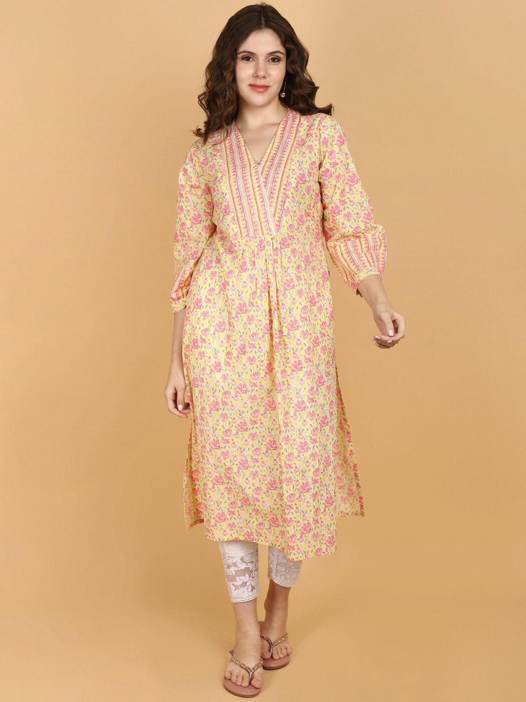 

V-Mart Floral Printed Sequined Cotton Pleated Straight Kurta, Yellow