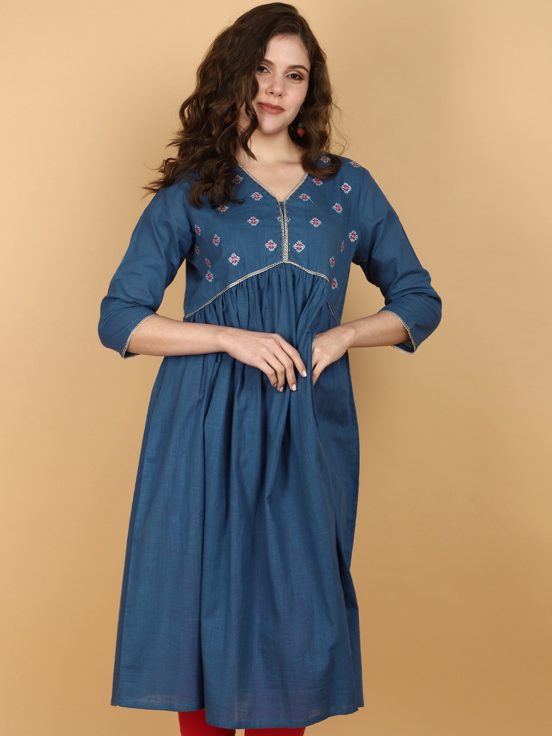 

V-Mart Ethnic Embroidered Cotton Slub V-Neck Kurta, Blue
