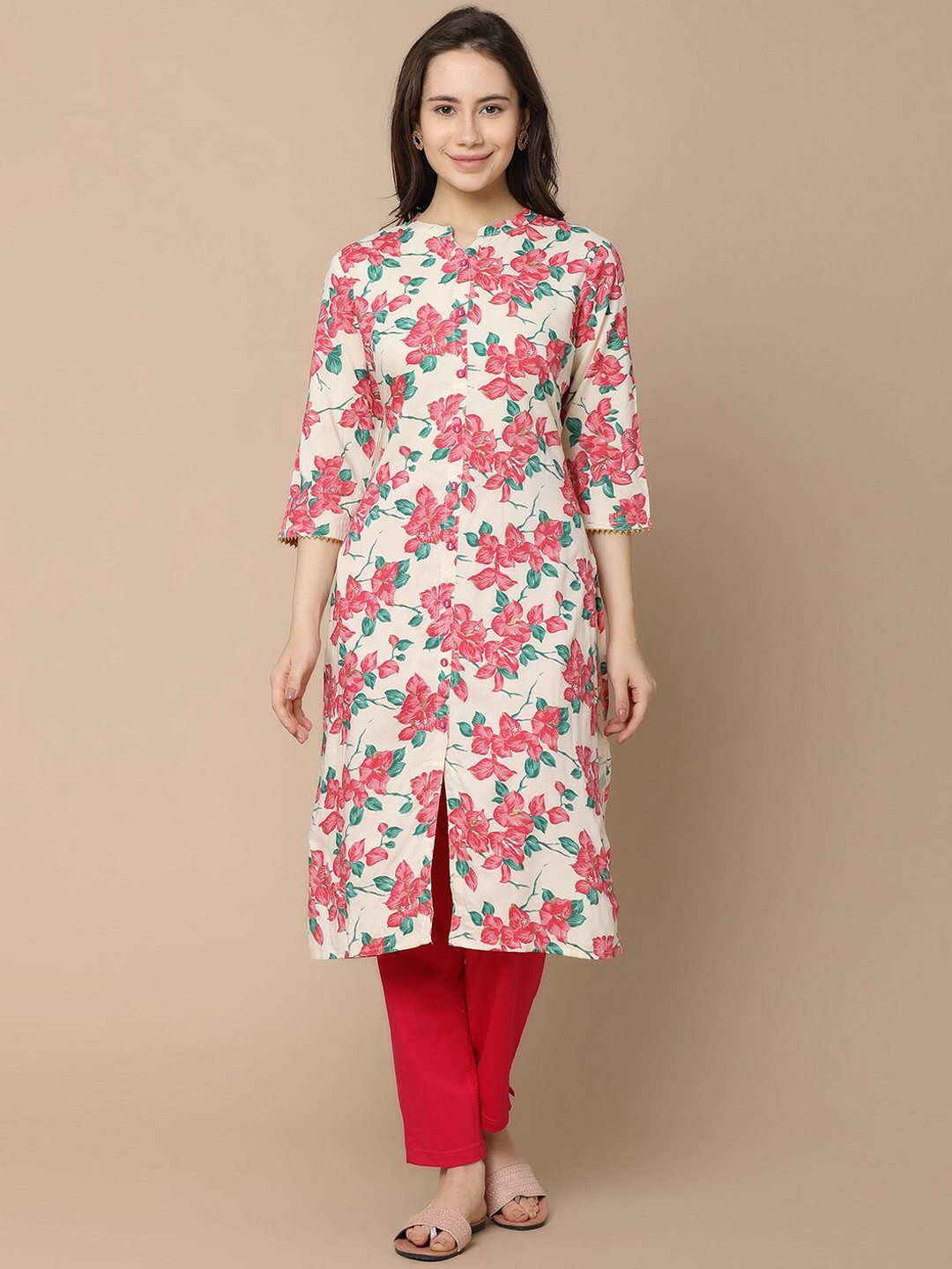 

V-Mart Mandarin Collar Floral Printed Viscose Rayon Straight Kurta, Off white