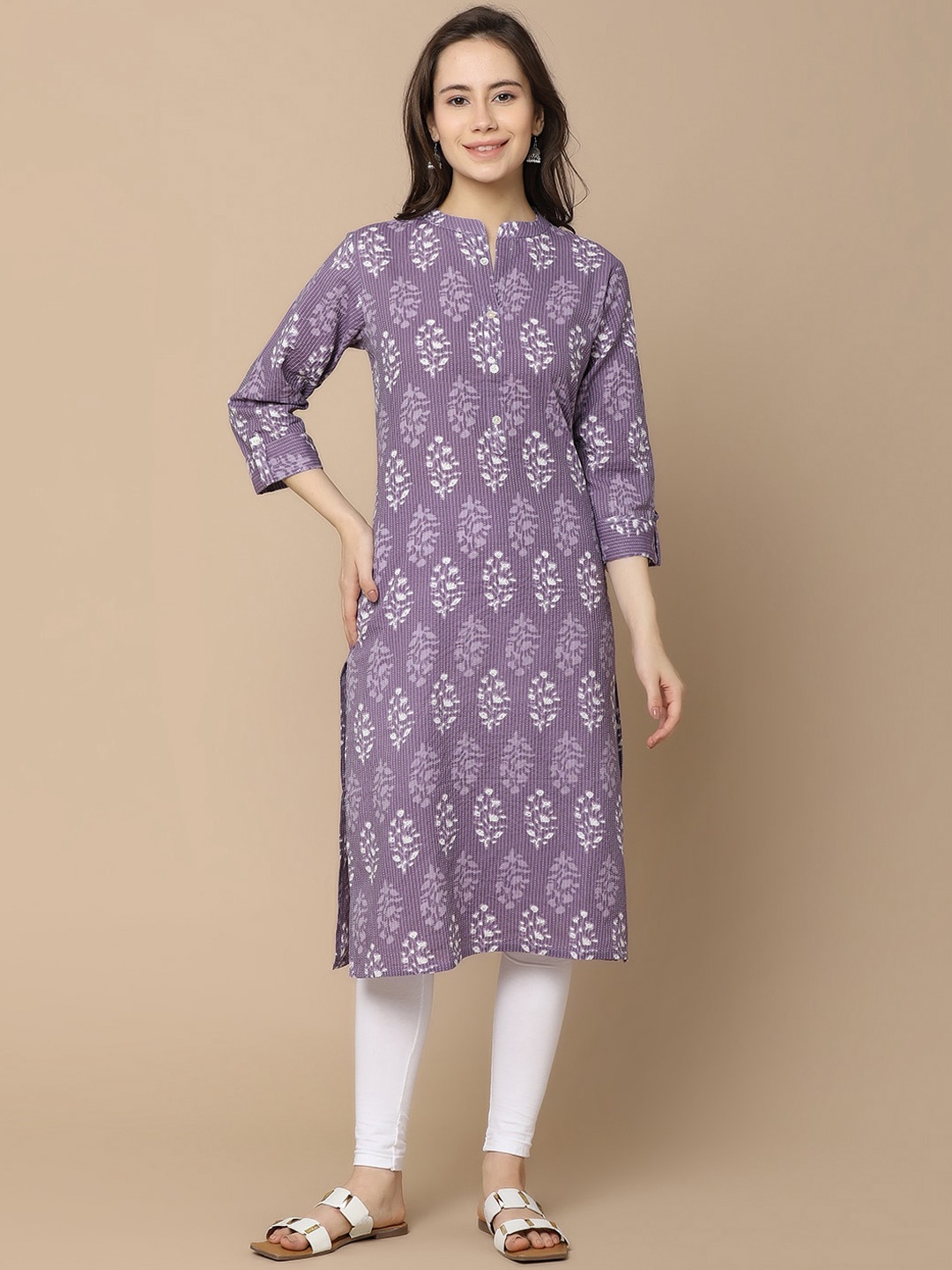 

V-Mart Floral Printed Mandarin Collar Straight Kurta, Purple