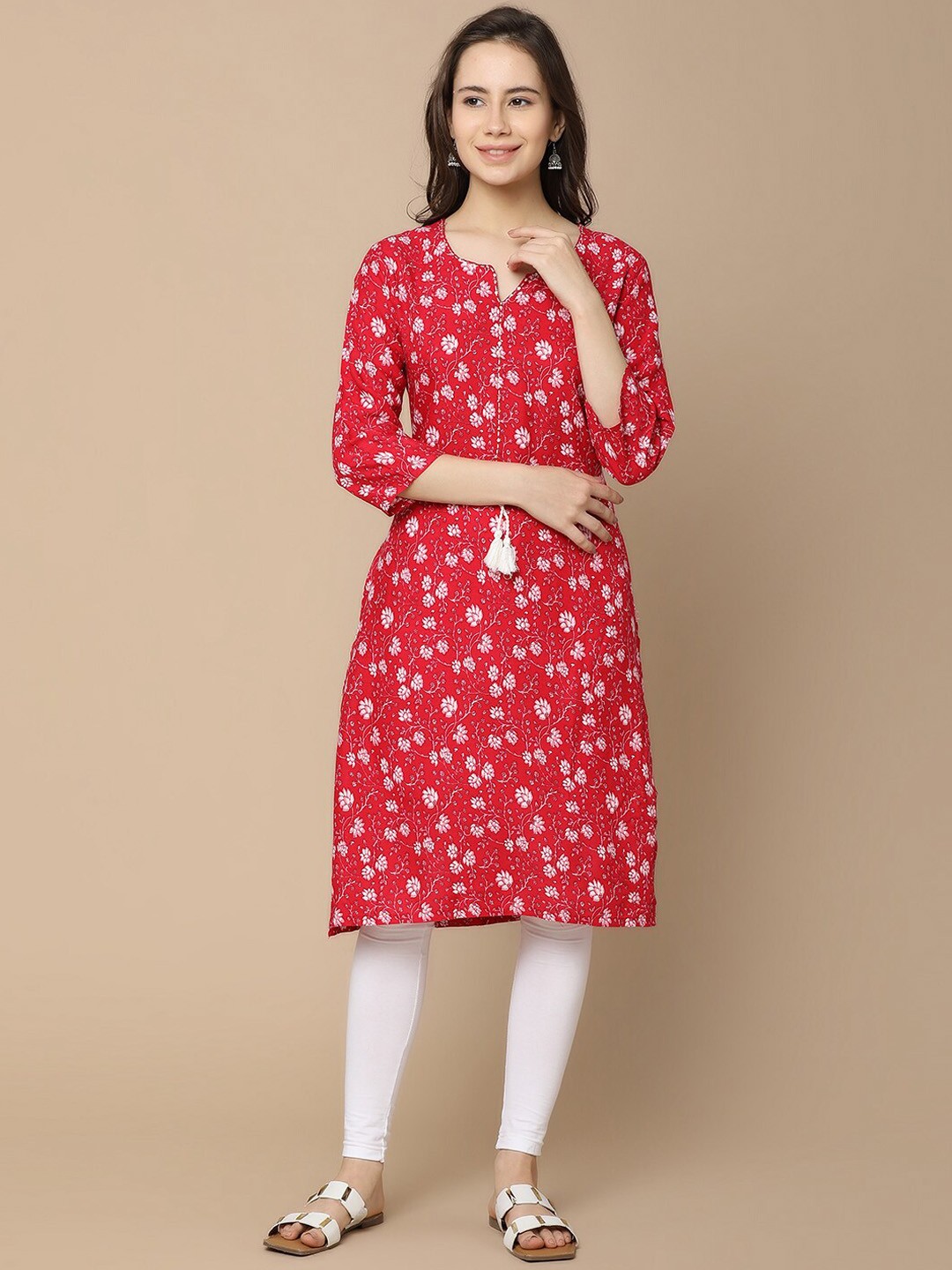 

V-Mart Floral Printed Notch Neck A-Line Kurta, Pink