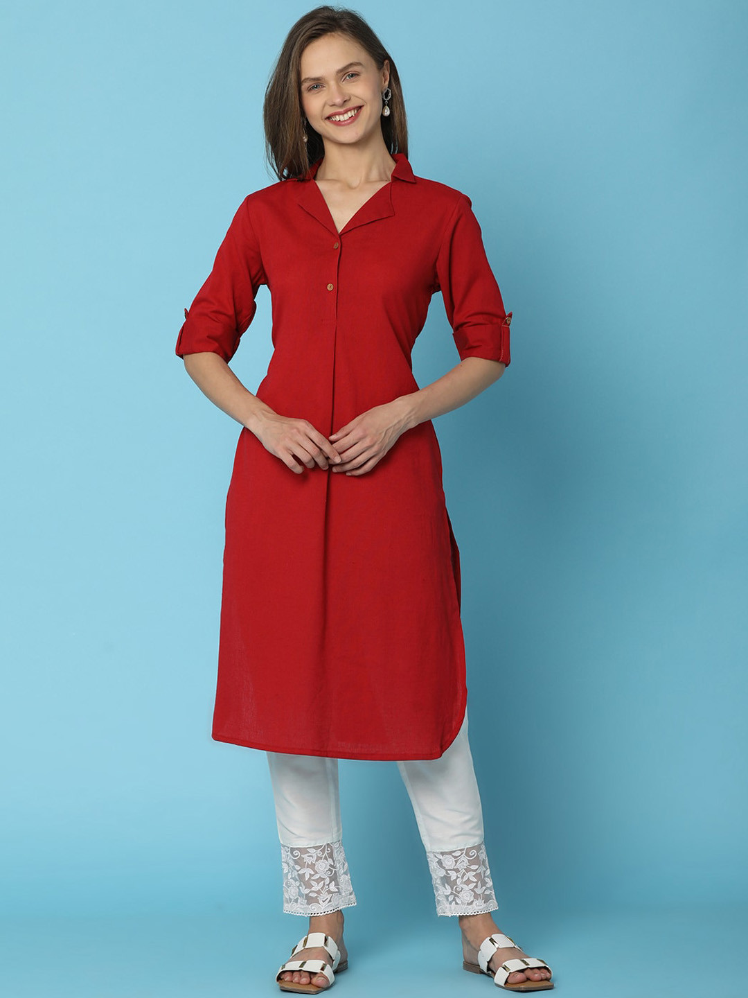 

V-Mart Shirt Collar Roll-Up Sleeves Cotton Straight Kurta, Maroon