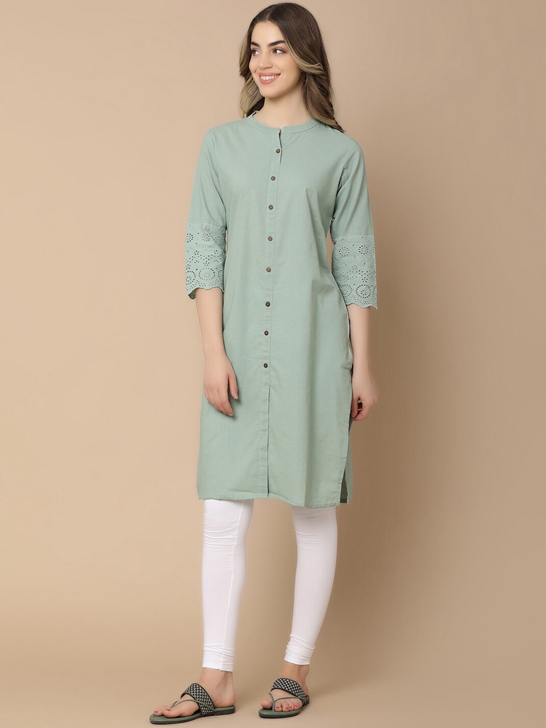 

V-Mart Mandarin Collar Cotton Straight Kurta, Green