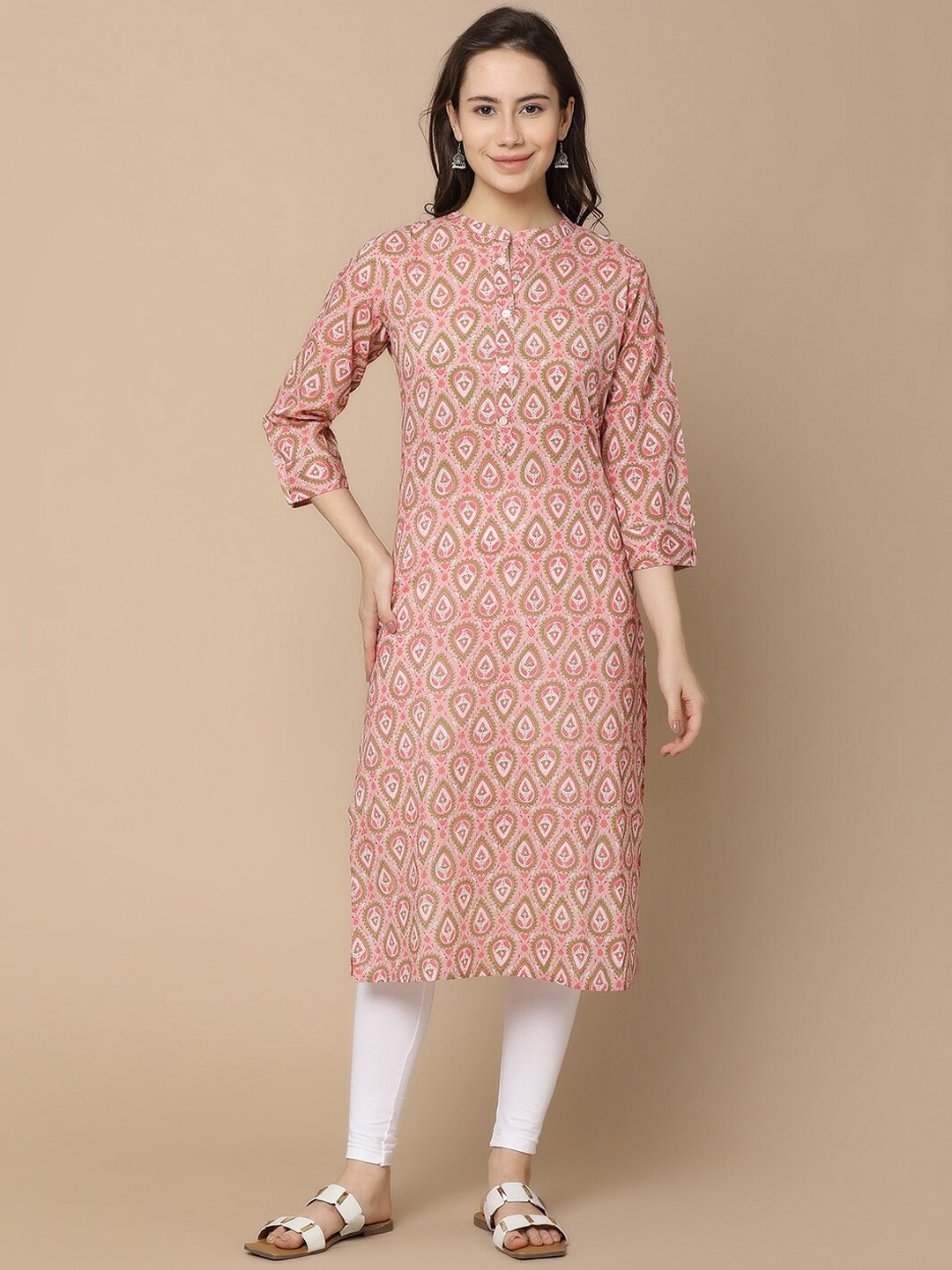

V-Mart Ethnic Motifs Printed Mandarin Collar Cotton Straight Kurta, Pink