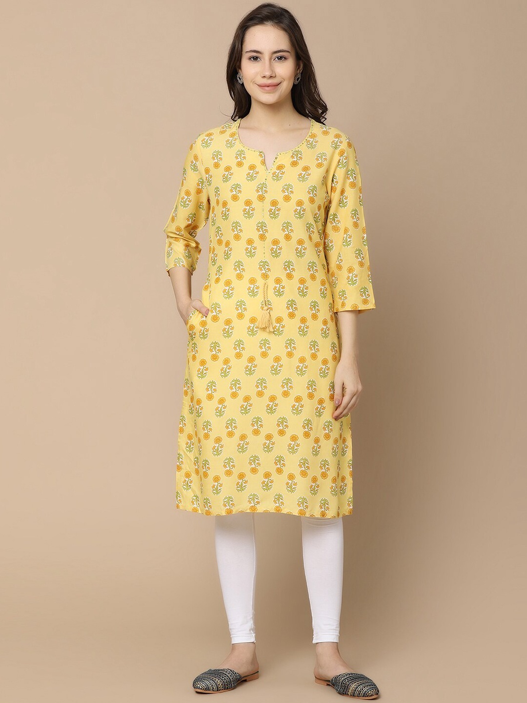

V-Mart Floral Printed Notch Neck Straight Kurta, Yellow